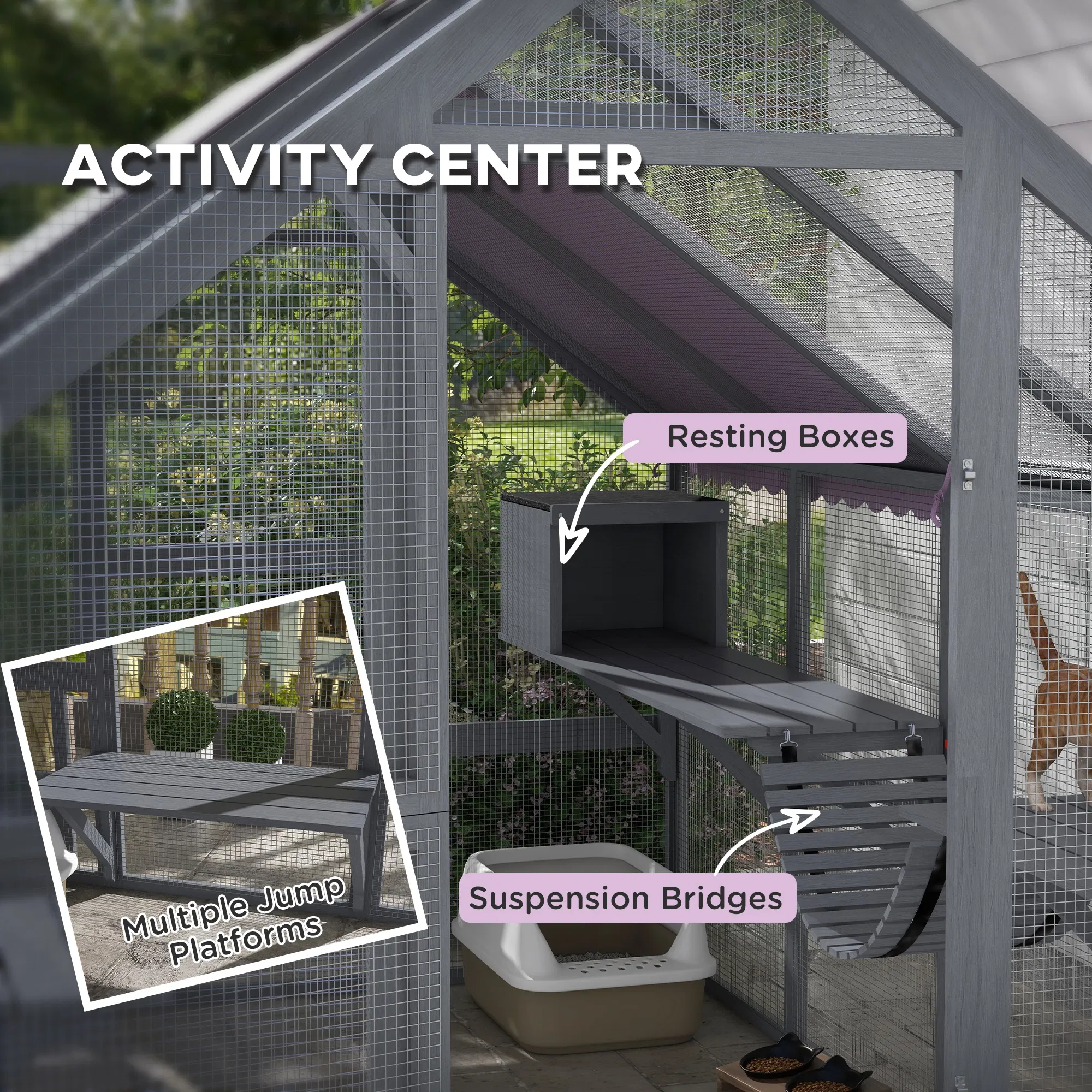 Outdoor Cat Enclosure Wooden Feral Cat House w/ Weatherproof Canopy, Bridges, Resting Boxes, Platforms, for 3-6 Cats — image 2