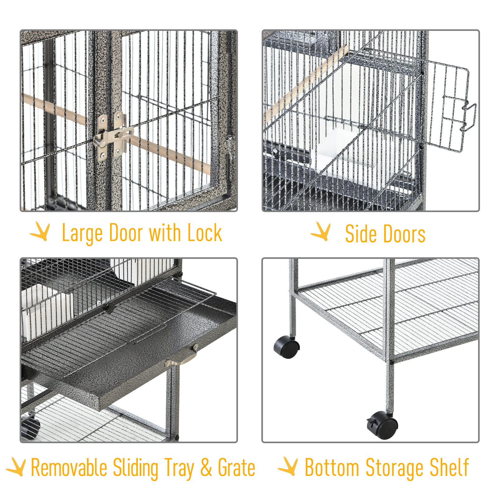 Caja de Reproducción Dividida para Aves con Soporte Rodante, bandeja metálica removible, estante de almacenamiento, percha de madera y contenedor de comida — imagen 2