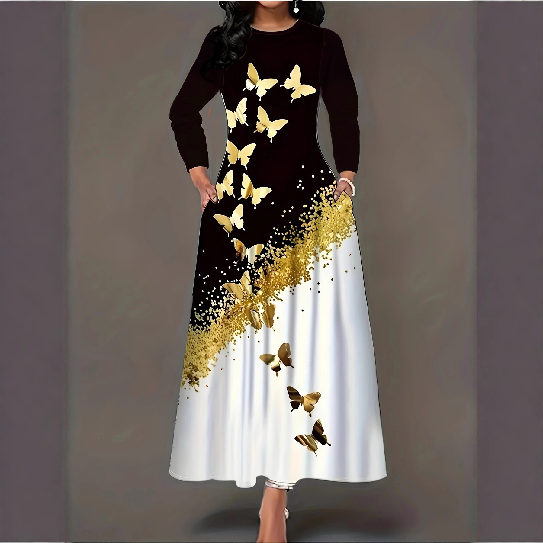 Vestido de Manga Larga con Estampado de Mariposa en Estilo Botón Redondo y Faldones Alineados con Cajas — imagen 4