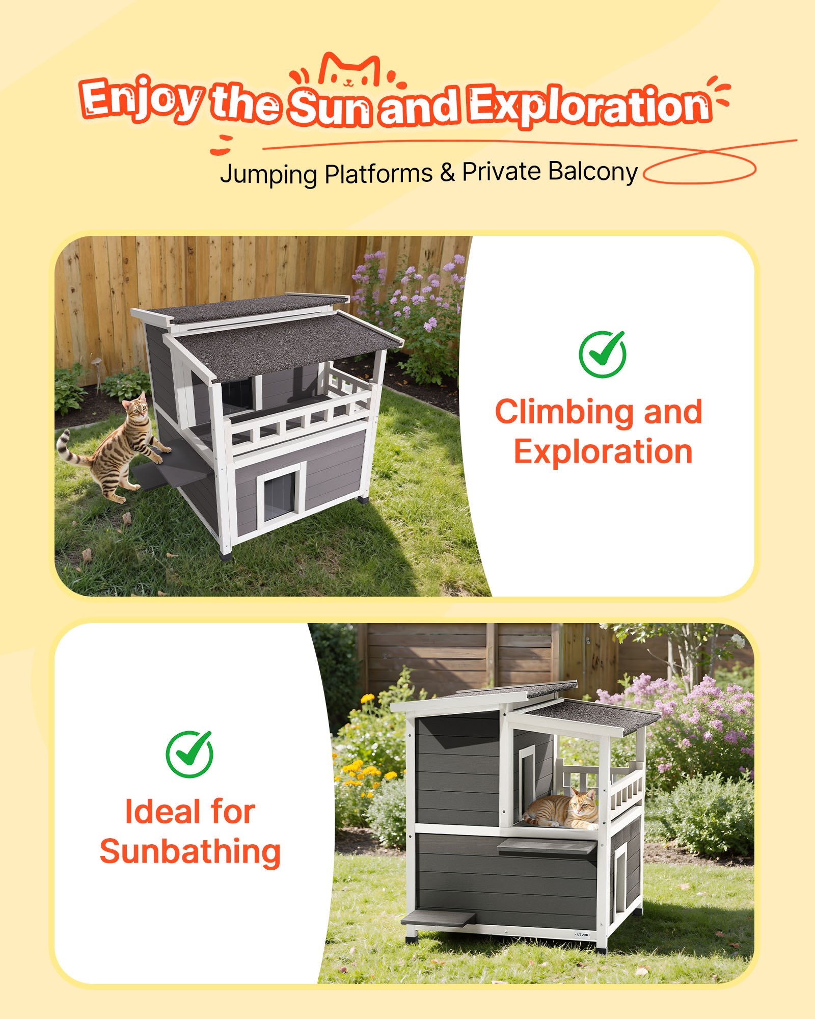 Casa Aislada para Gatos 2 Niveles, Refugio de Madera para Gatos Ferales con Balcón, Condominio de Gatos Impermeable para Indoors y Outdoors para 1-3 Gatos en Invierno 33 x 29.5 x 32 Pulgadas — imagen 4
