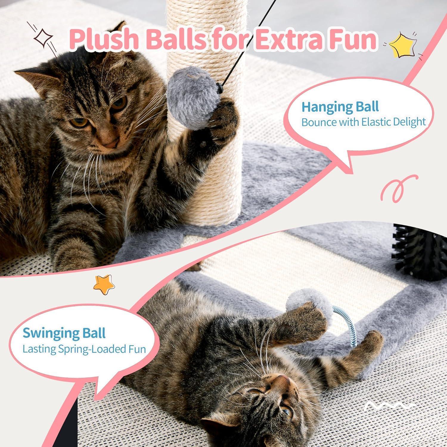 Árbol de Gato 4 en 1 Pequeño con Pelo Natural y Cepillo para Autogroomado, Poste de Escarbar Sisal y Colgantes para Entretener a los Gatos Indómitos — imagen 12