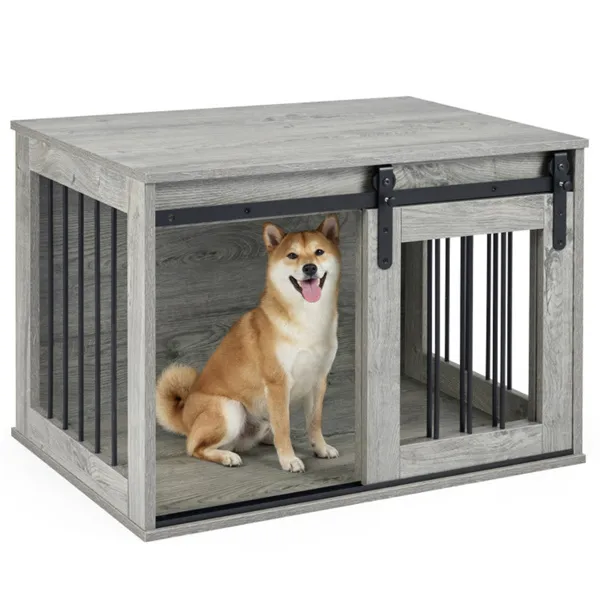 Jaula-Mueble para Perro de 31.5" con Puerta Corrediza Estilo Granero, Mesa Auxiliar/Casa para Perro de Madera para Interiores - Gris — imagen 3