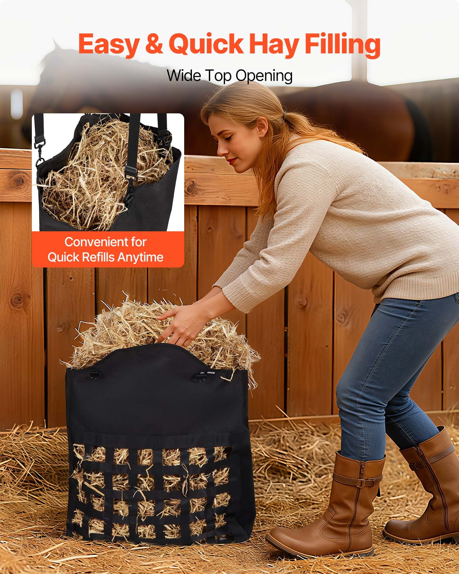 Hay Bag For Horses, 21.65 X 7.28 X 25.2 In, 1.81 X 1.81 In Holes, Premium Nylon Construction With PVC Waterproof Coating, Adjustable Hanging Straps And Metal Hooks, Slow Feed Hay Bag For Horses — image 3
