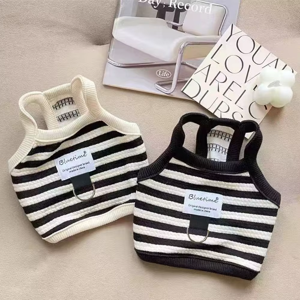 Ropa de Verano para Perros con Rayas - Vestido para Pequeños Canes Bichón Frisé Negro Confortable con Correa y Ojal — imagen 2