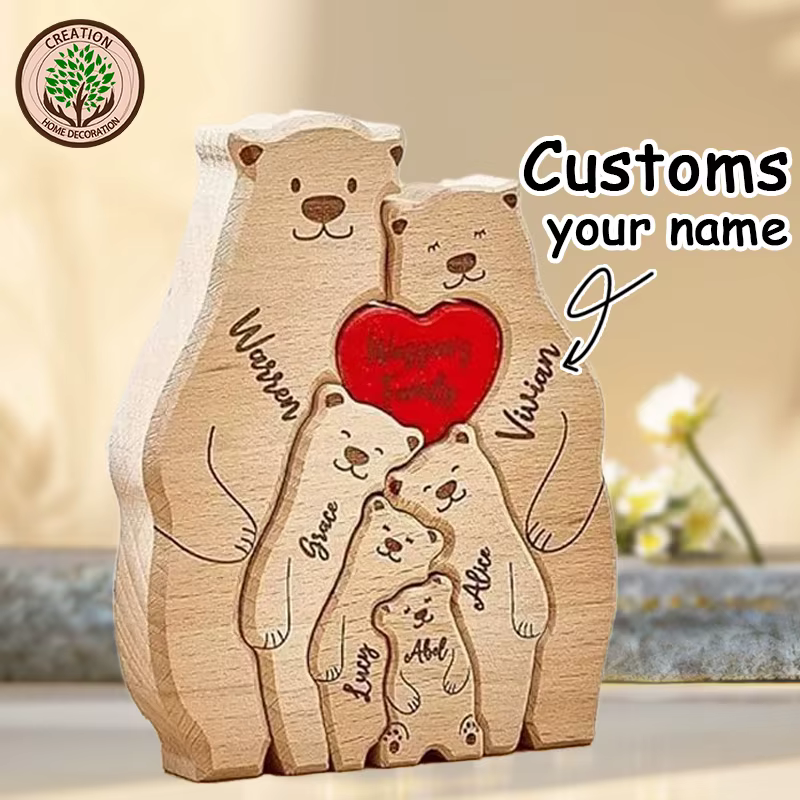 Personalized Wooden Art Bear Puzzle for Families Free Customization Name Family Anniversary Holiday Warm Gift Home Decoration