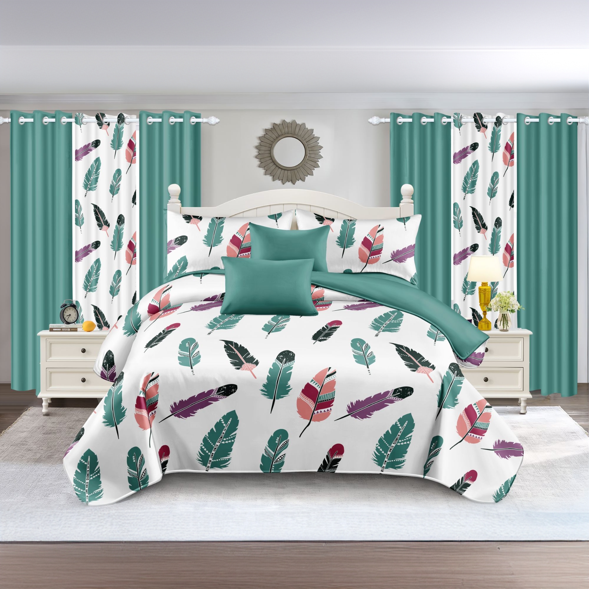 9 Piece Room In A Bag Quilt And Curtain Set, US Designer Boho Feather Print Heavyweight Bedspread With 6 Customizable Window Panels, Pet-Friendly High GSM Coverlet Teal, White — image 2