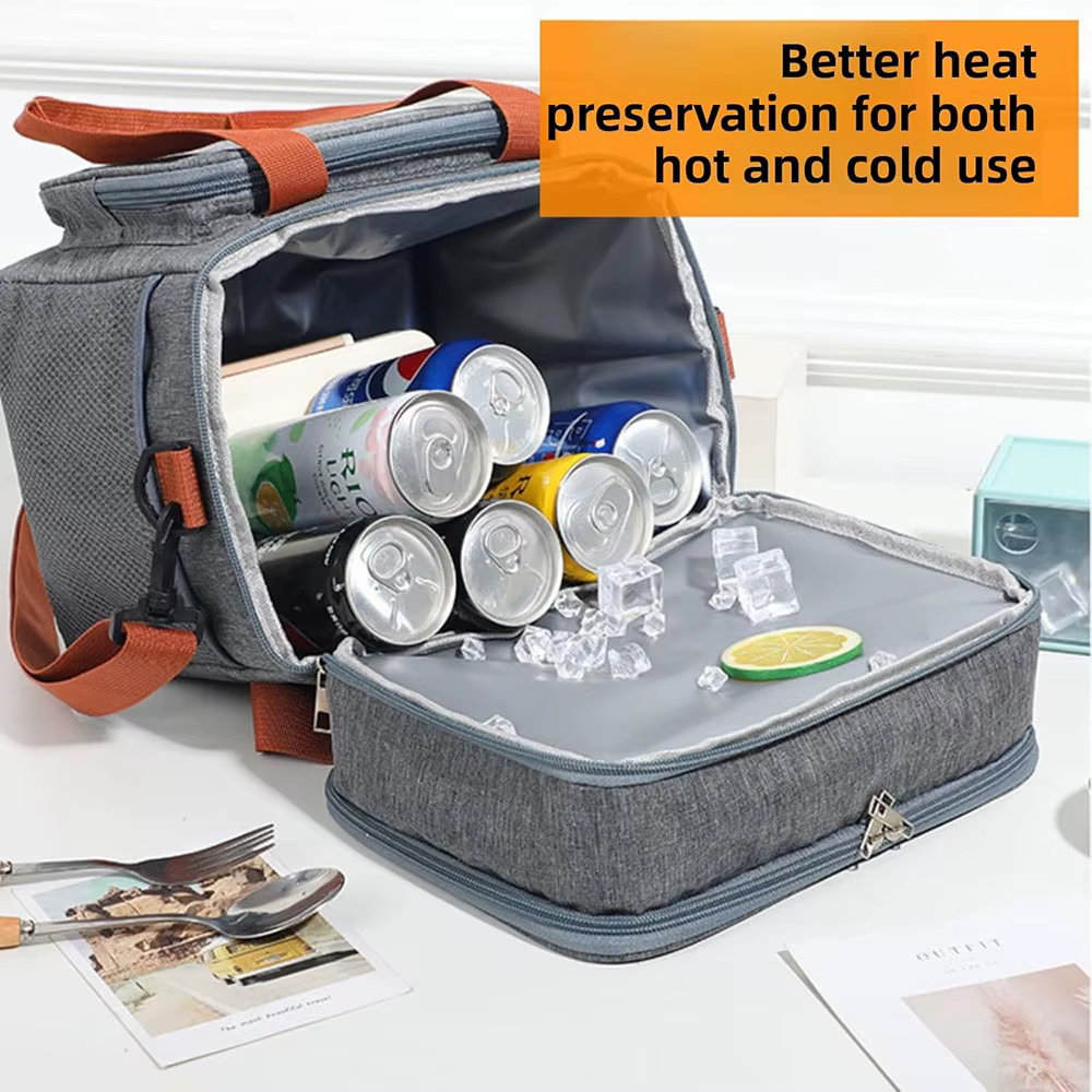Double Deck Insulated Lunch Bag Large Capacity Leakproof Cooler Tote Thermal Food Storage Bag for Work Camping Travel — image 6