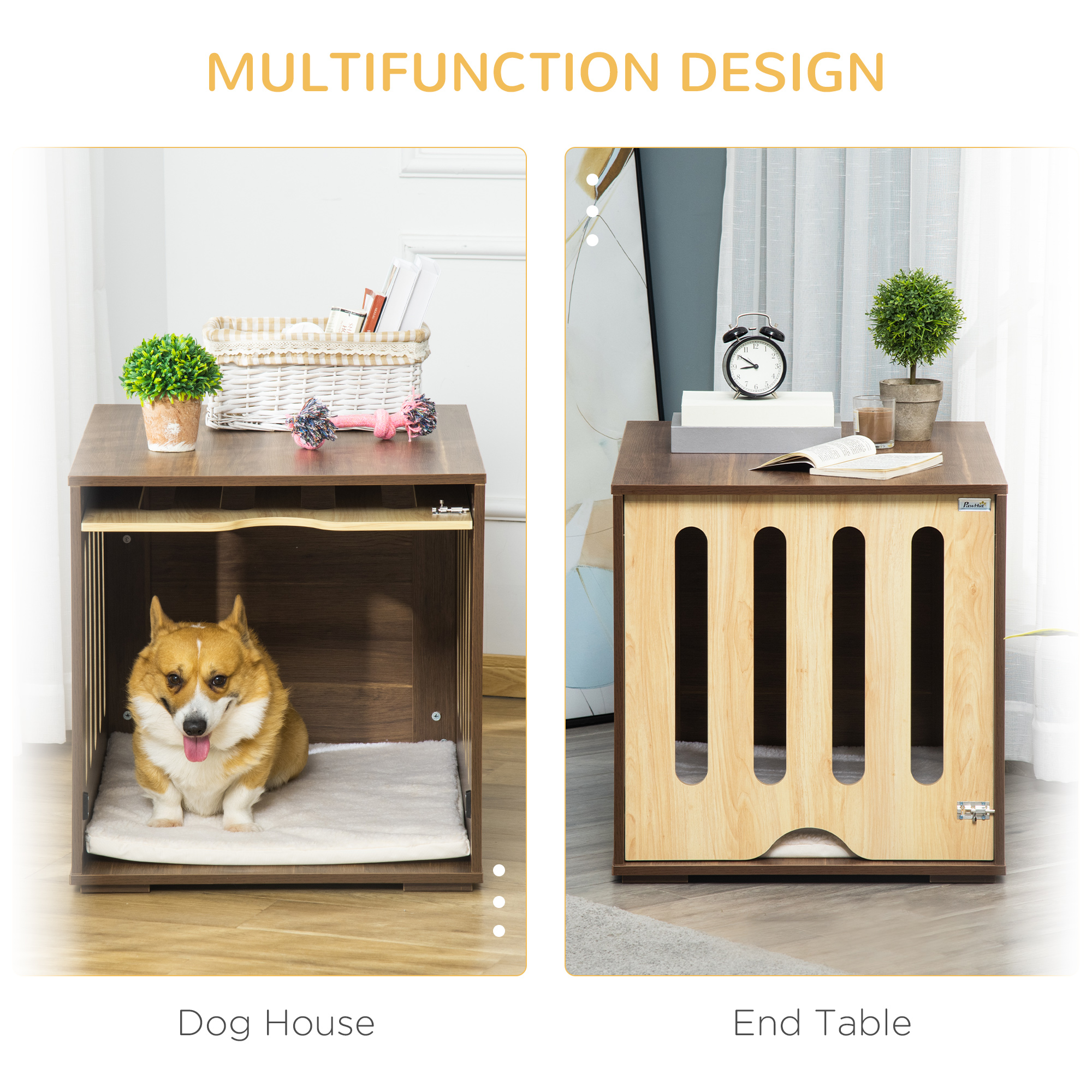 Caja para Perros de Estilo de Mueble con Panel de Puerta Removible, Cama para Perros con Almohada de Espuma y Suporte de Seguridad, Uso Interior, para Perros Pequeños y Medianos, Marrón — imagen 6