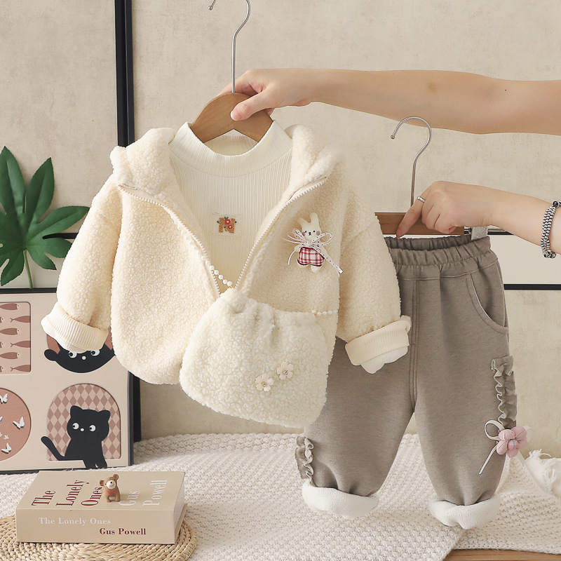 Girls' Floral Rabbit Print Fleece Lined Winter Three-Piece Set — image 4