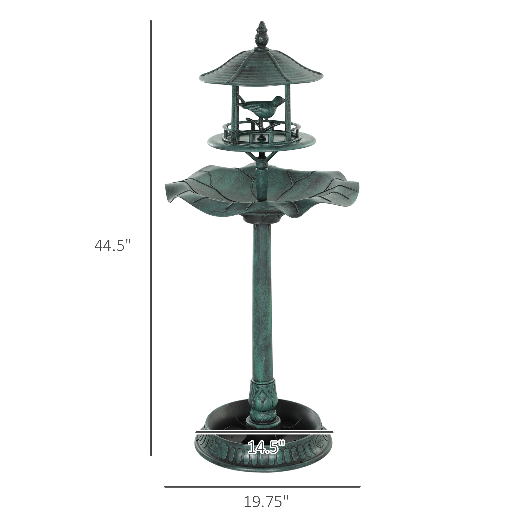 Bebedero para Aves de Jardín 3 en 1 con Pedestal, Comedero para Aves, Amplio Recipiente de Agua y Macetero Inferior para Flores, Verde — imagen 2