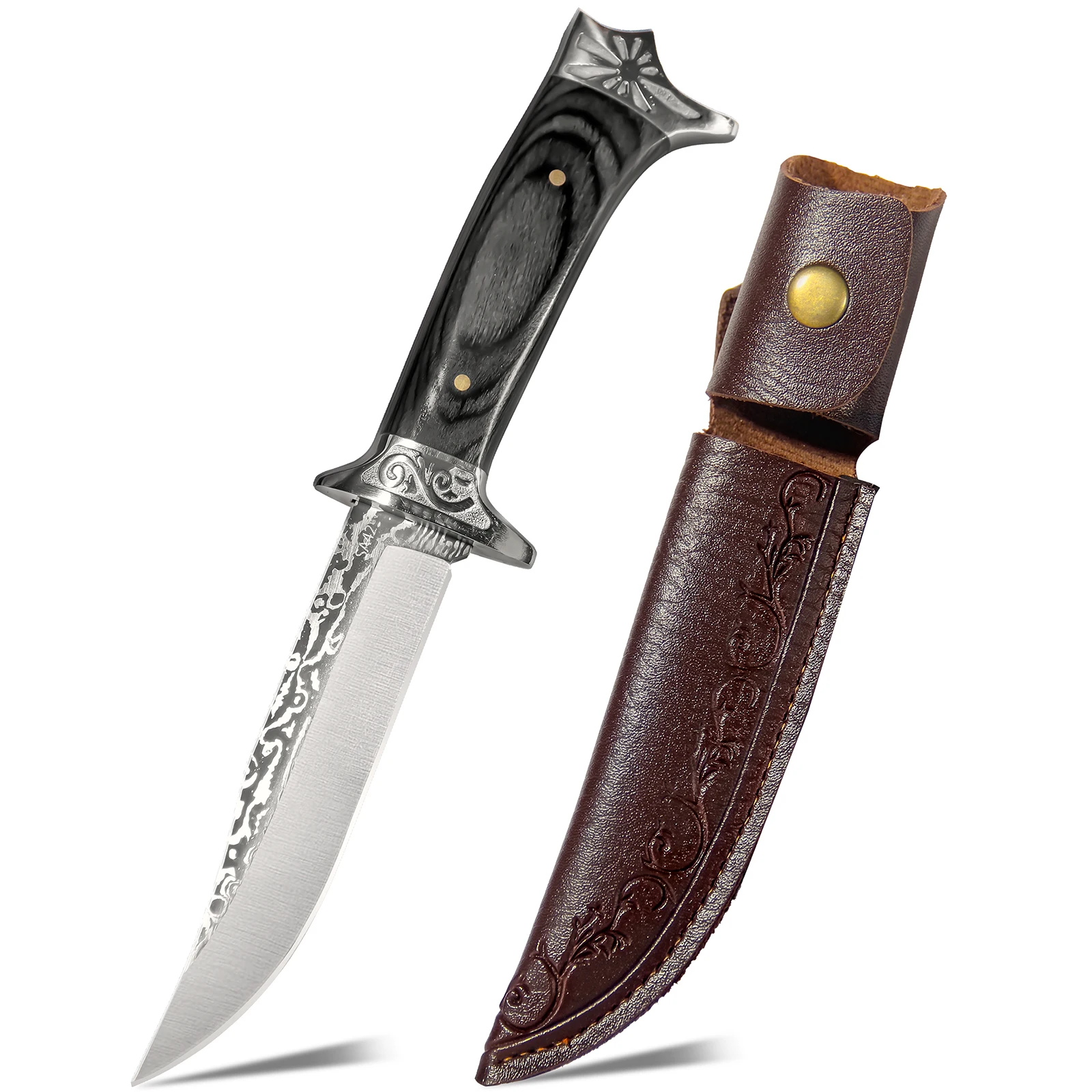 Fixed Blade Hunting Knife with Leather Sheath Wood Handle Outdoor Camping Utility Knife Bowie Style Gift for Men — image 1