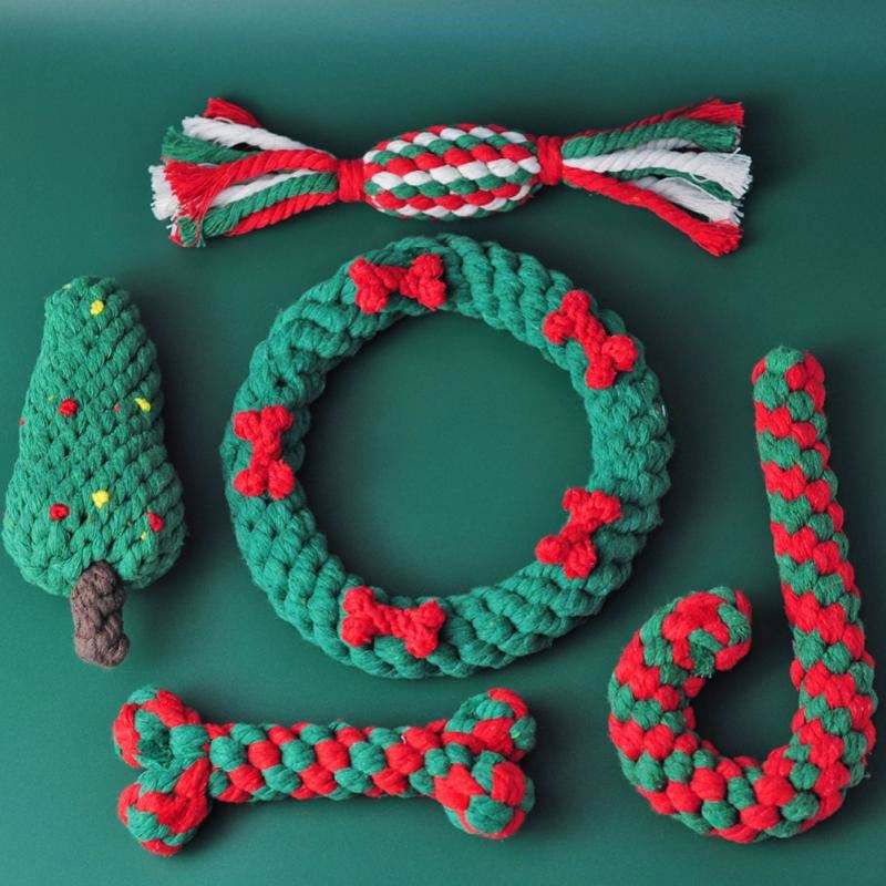 Christmas Pet Cotton Rope Toy Cane Tooth Cleaning Dog Tooth Grinding Toy Bite Resistant Knot Dog Toy Set — image 1