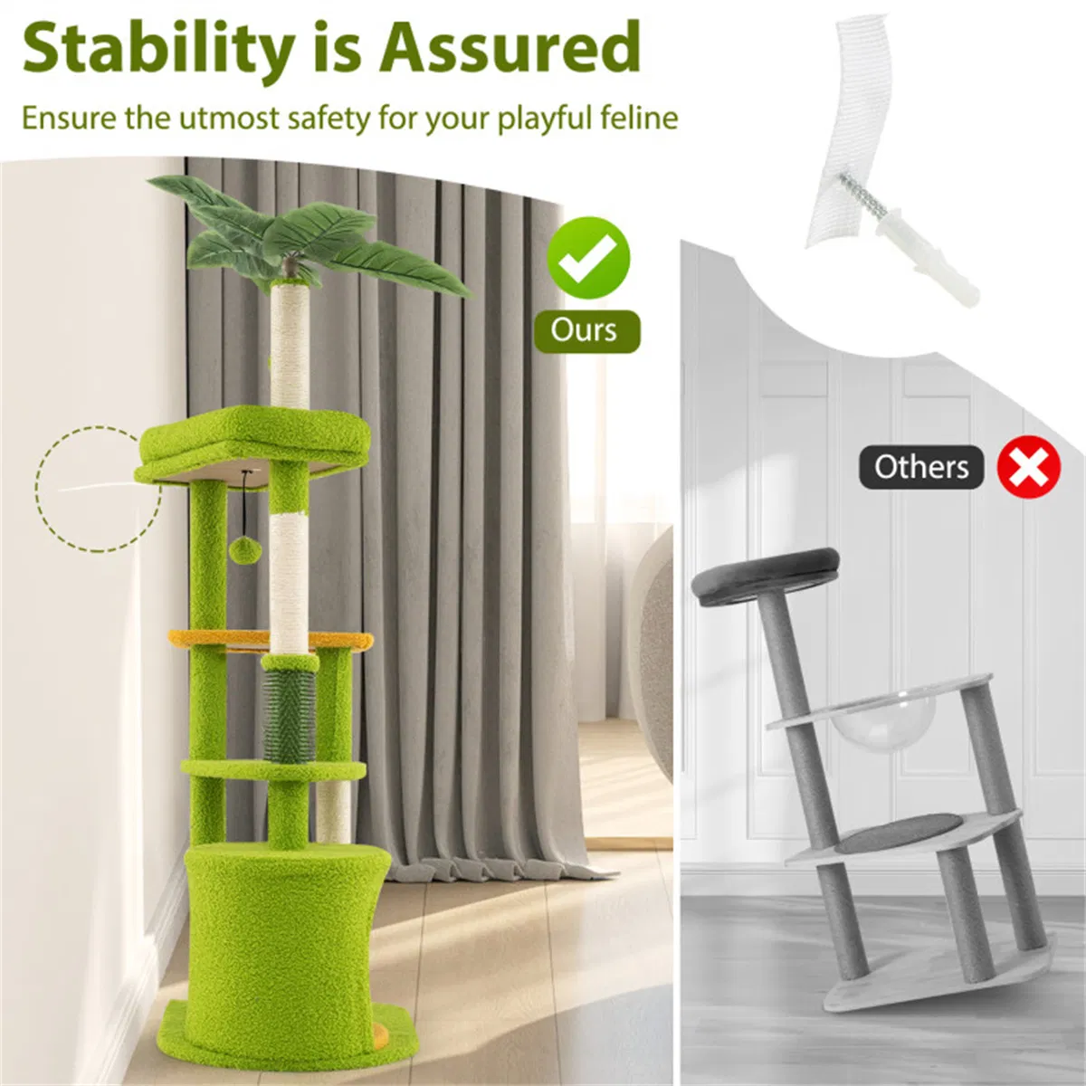 48" Cat Tree with Tropical Leaves - Self-Groomer & Scratching Posts, Space-Saving (Green+Orange) — image 5