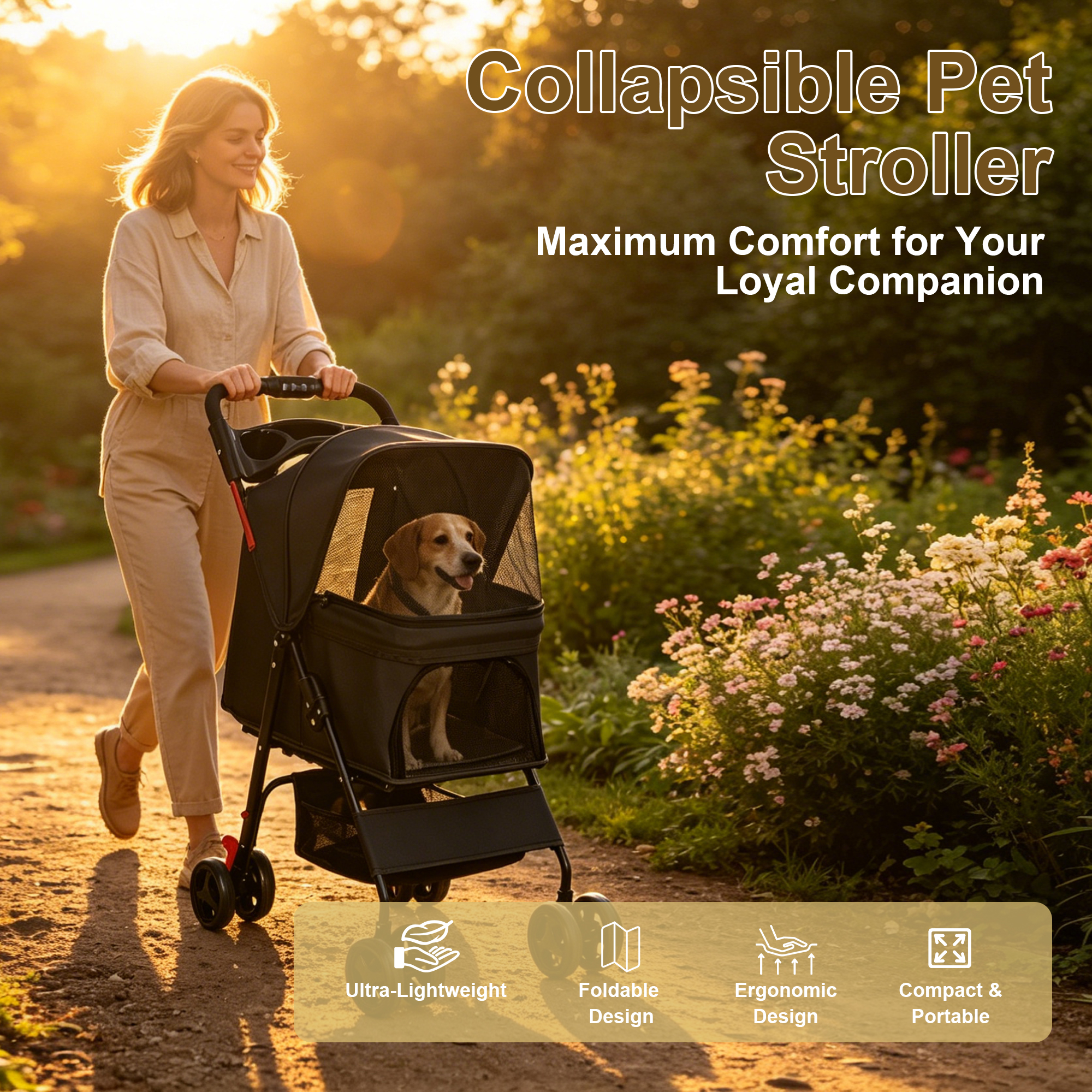 Carril de Mascotas Plegable para Perros y Gatos Pequeños Menos de 28 libras con Mesa Multifuncional, 2 Correas de Seguridad, Cesta de Almacenamiento & Malla Respirable, 4 Ruedas, Negro — imagen 17