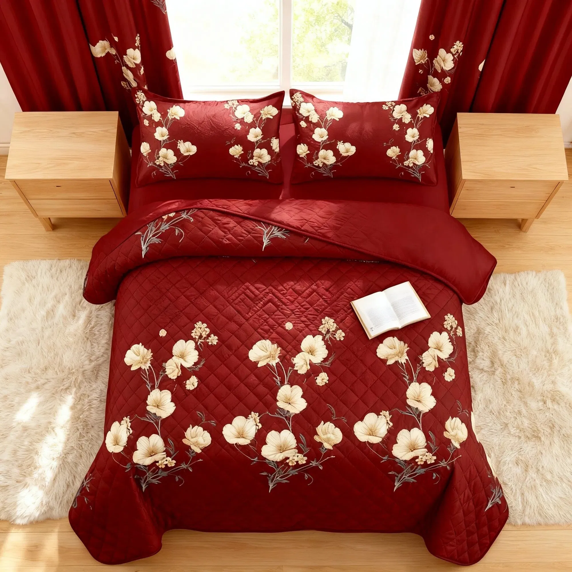 9-Piece Burgundy Red Floral Bedding & Curtain Combo Set, Elegant Wine Red Quilted Bedspread with 6 Light Filtering Window Panels & 2 Shams, Easy Care Microfiber Coverlet, Pet Friendly — image 1