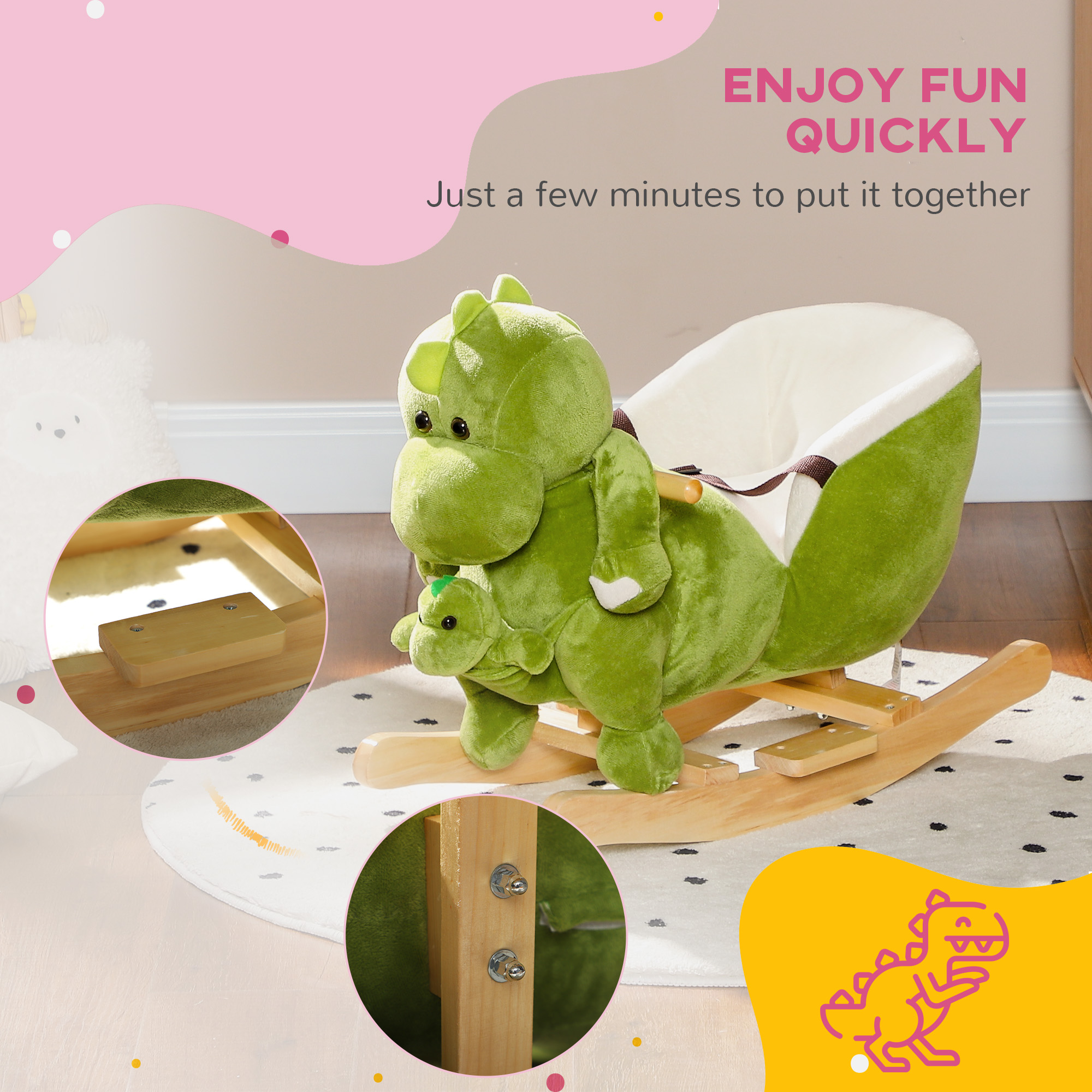 Caballo de Madera con Dinosaurio, Cinturón de Seguridad y 32 Canciones para Niños de 18 a 36 Meses, Verde — imagen 4