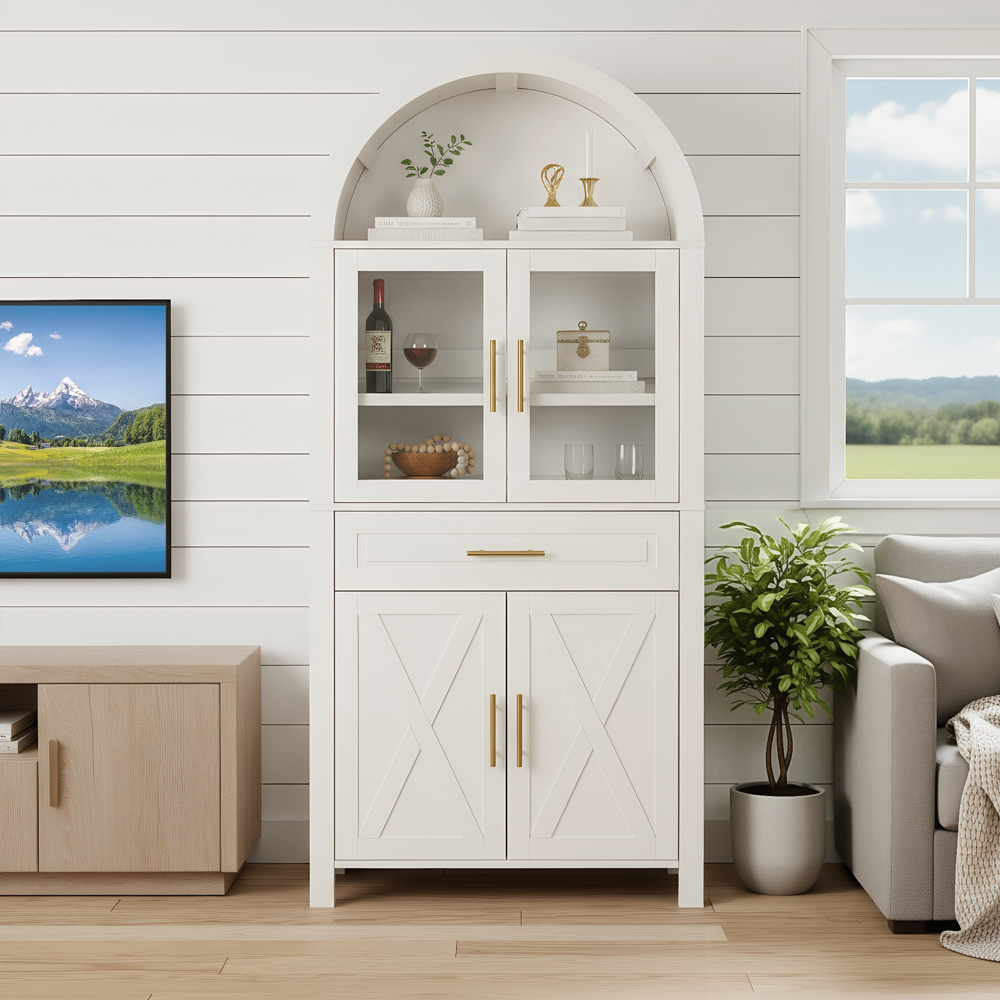 Pantry de Cocina con Puerta de Vidrio y Diseño de Estilo Rural de 71" de Alto con Aros, Armario de Almacenamiento con Estanterías Ajustables para Cocina, Salón y Comedor, Blanco — imagen 2