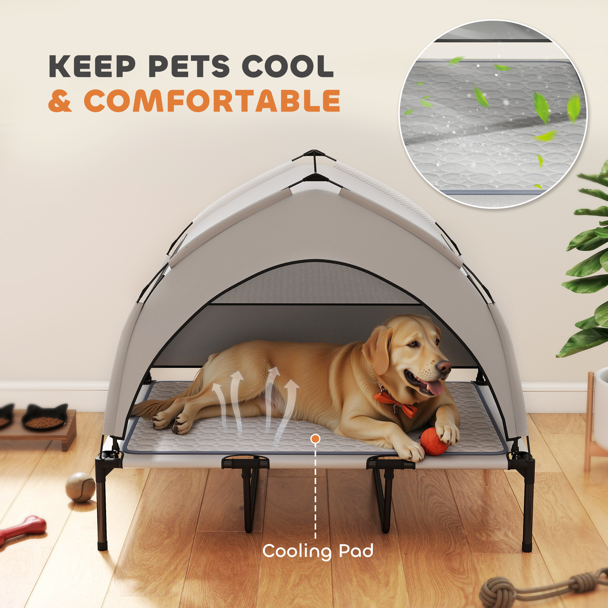 Elevated Dog Bed with Removable Canopy, Portable Outside Raised Pet Cot with Cooling Pad, Storage Bag, 42" x 30" x 37" — image 3
