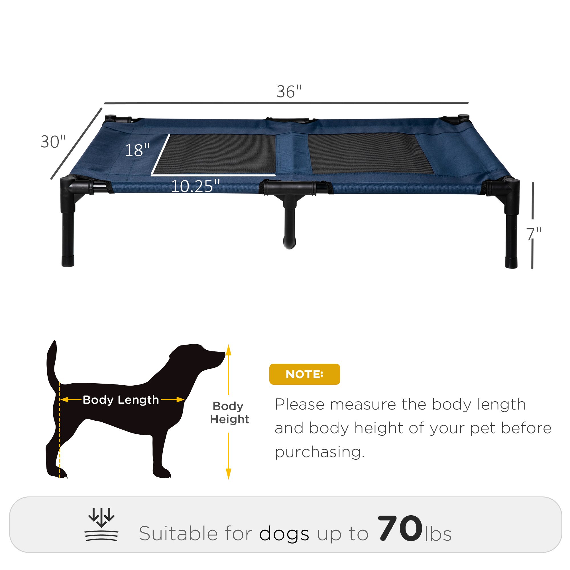 Cama Elevada para Perro de 36" x 30" para Verano, Catre para Mascotas con Ventilación de Malla, Azul — imagen 8