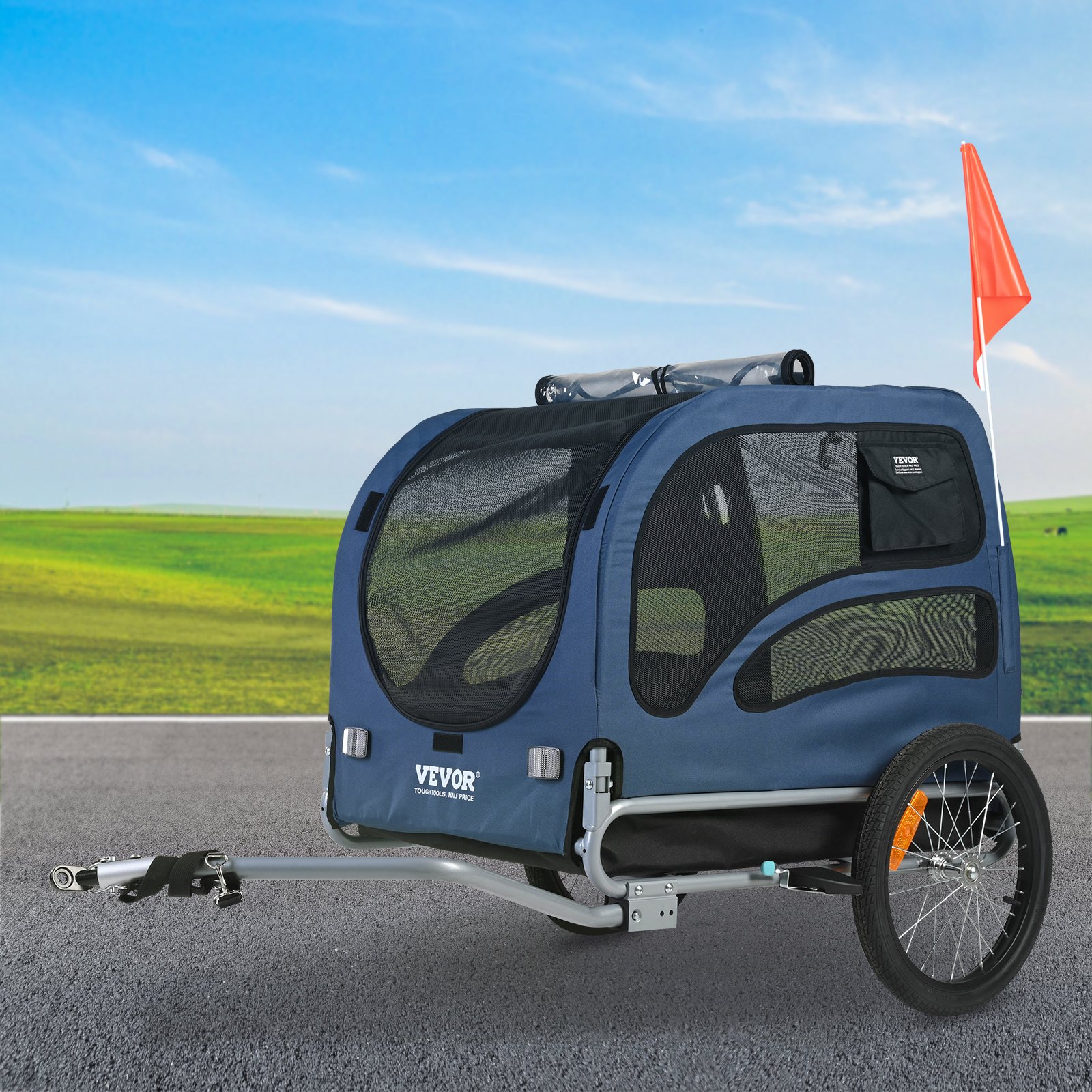 Pet Cart Bicycle Carrier, Easy Folding Frame With Quick Release Wheels, Universal Bicycle Coupler, Reflectors, Flag, Collapsible To Store, Blue Black — image 1