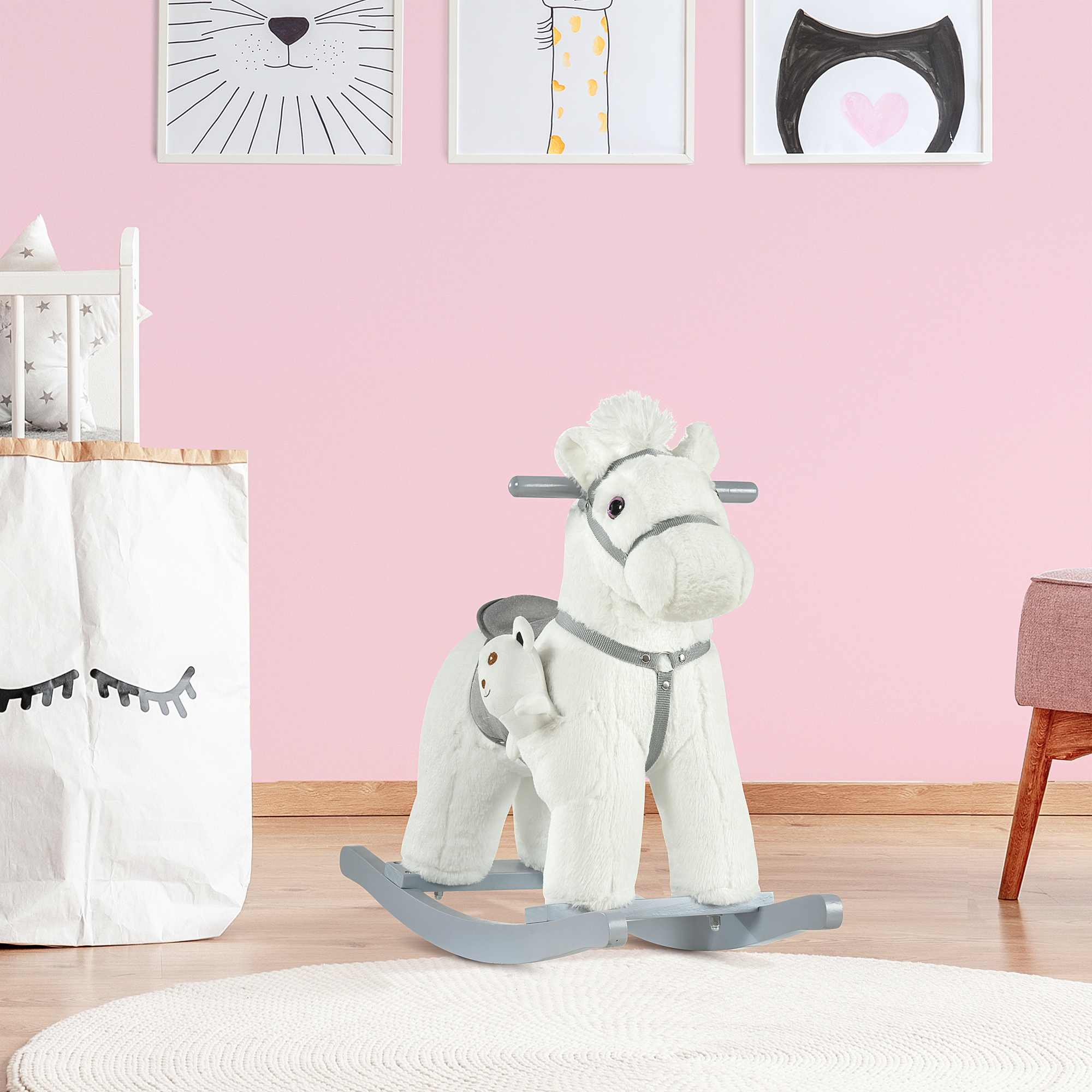 Kids Rocking Horse with Bear Toy, Plush Animal Rocker with Fun Realistic Sounds for Toddler 18-36 Months, White — image 5
