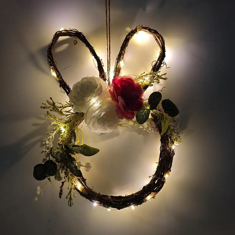 Spring Wreath Easter Bunny Wreath Light Up Door Hanger With Artificial Flower Greenery Handwoven Rattan Garland Wall Decor — image 6