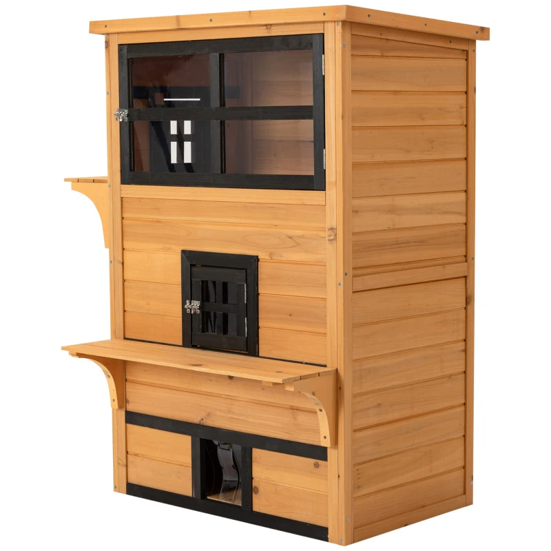 Refugio para Gatos de 3 Niveles con 5 Puertas de Escape, Resistente a la Intemperie, Amarillo y Negro — imagen 4
