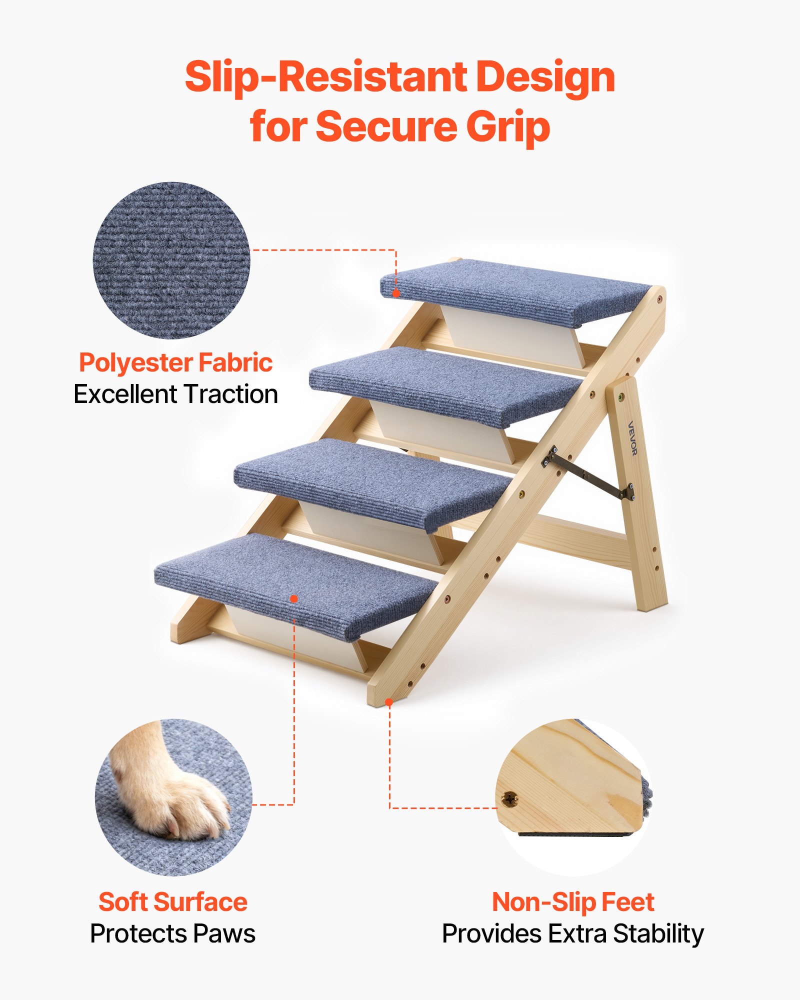 Escaleras de Madera para Mascotas, 4 Pasos - Acceso Seguro para Cama, Sofá y Coche, Capacidad 150 lb, Diseño Pliegue, Estable y Rígido para Perros y Gatos Pequeños a Grandes — imagen 2