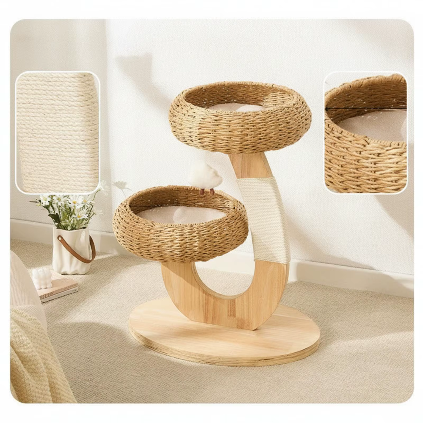 Wooden Cat Tree with Rattan Perch Compact Cat Tree with Perch Sturdy for Kittens — image 4