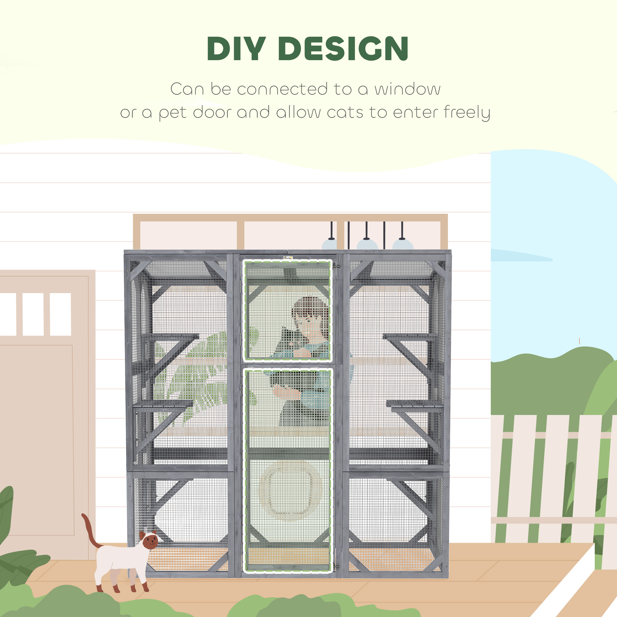 Catio Exterior Grande de Madera con 6 Plataformas Saltarinas, Techo Resistentes al Tiempo, para 1-3 Gatos, 59" x 28" x 60", Gris — imagen 8