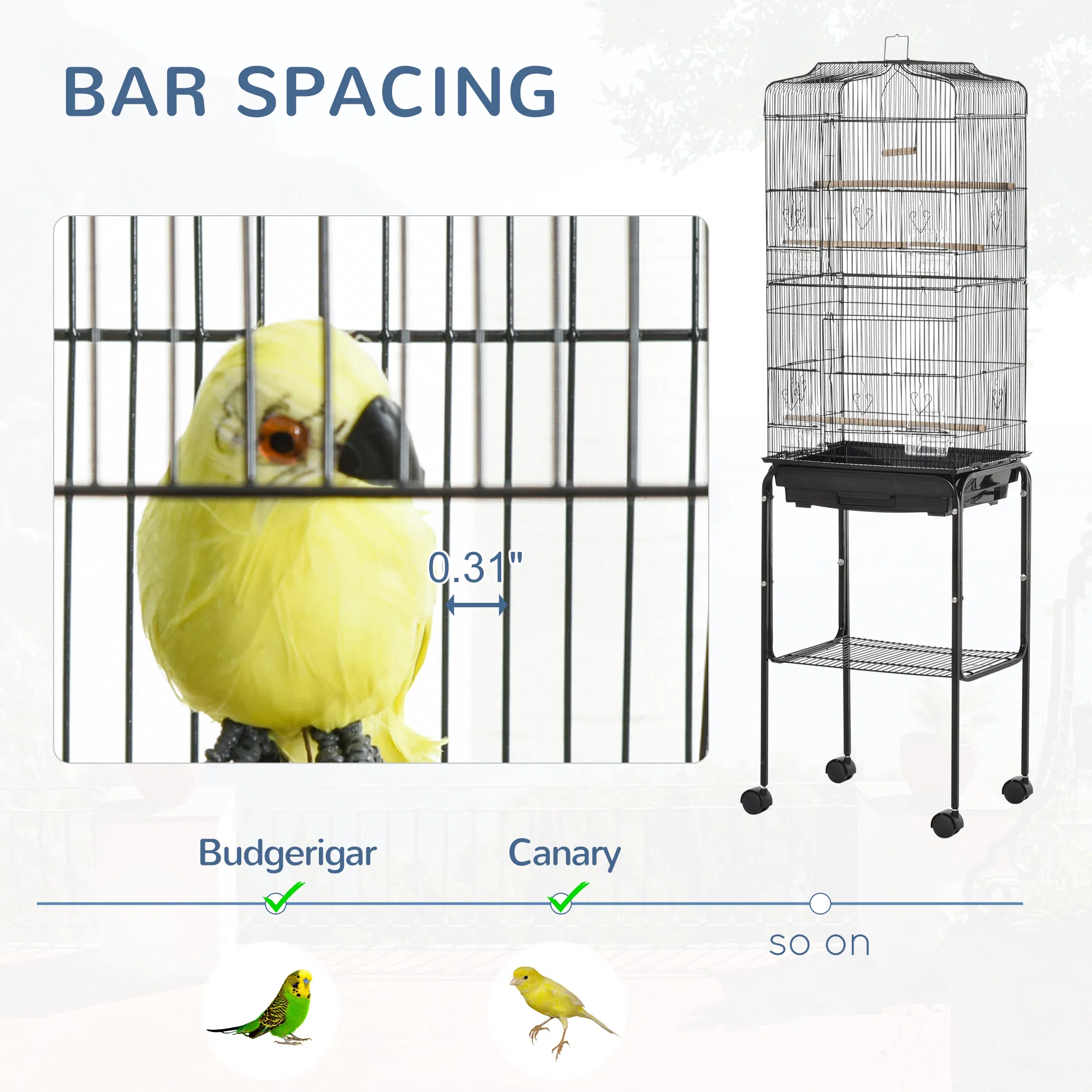 62" Rolling Bird Cage Cockatoo House Play Top Finch Pet Supply with Storage Shelf, Wheels - Black — image 3