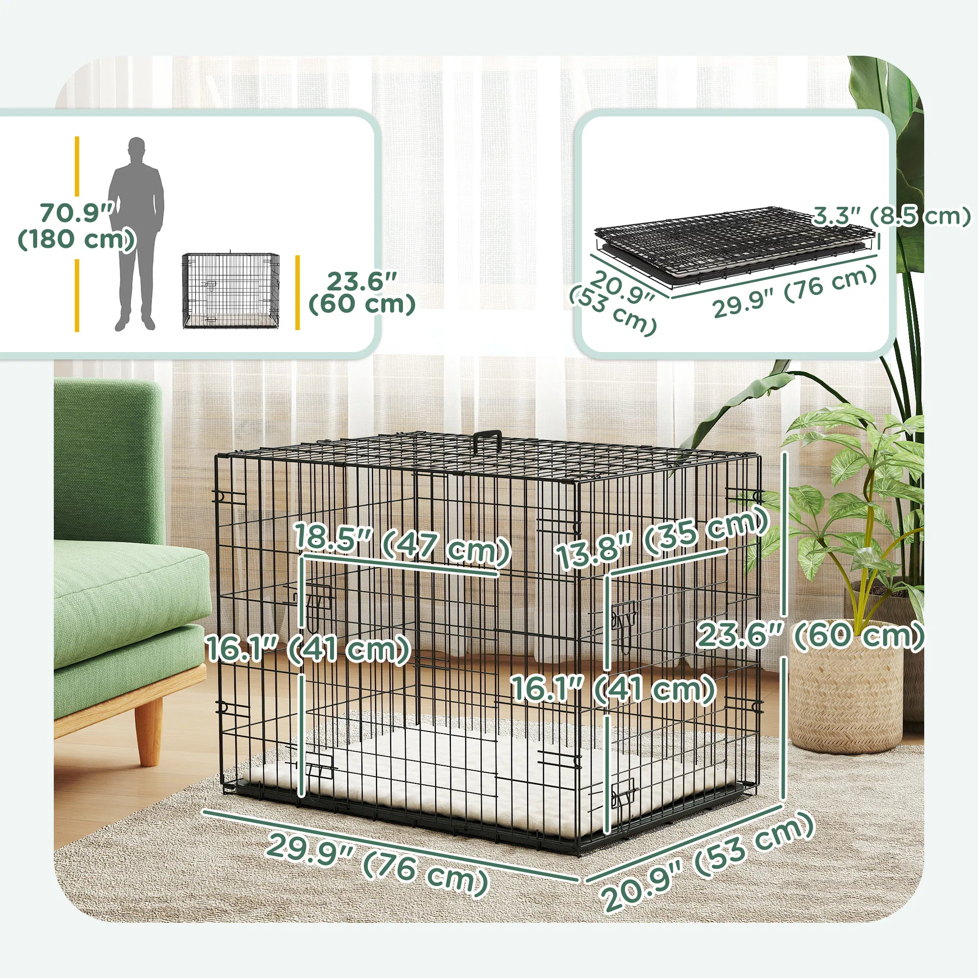 30" Dog Crate with 2 Doors, Folding Metal Dog Cage with Soft Cushion, Removable Tray, Handle, for Small Dogs, Black — image 4