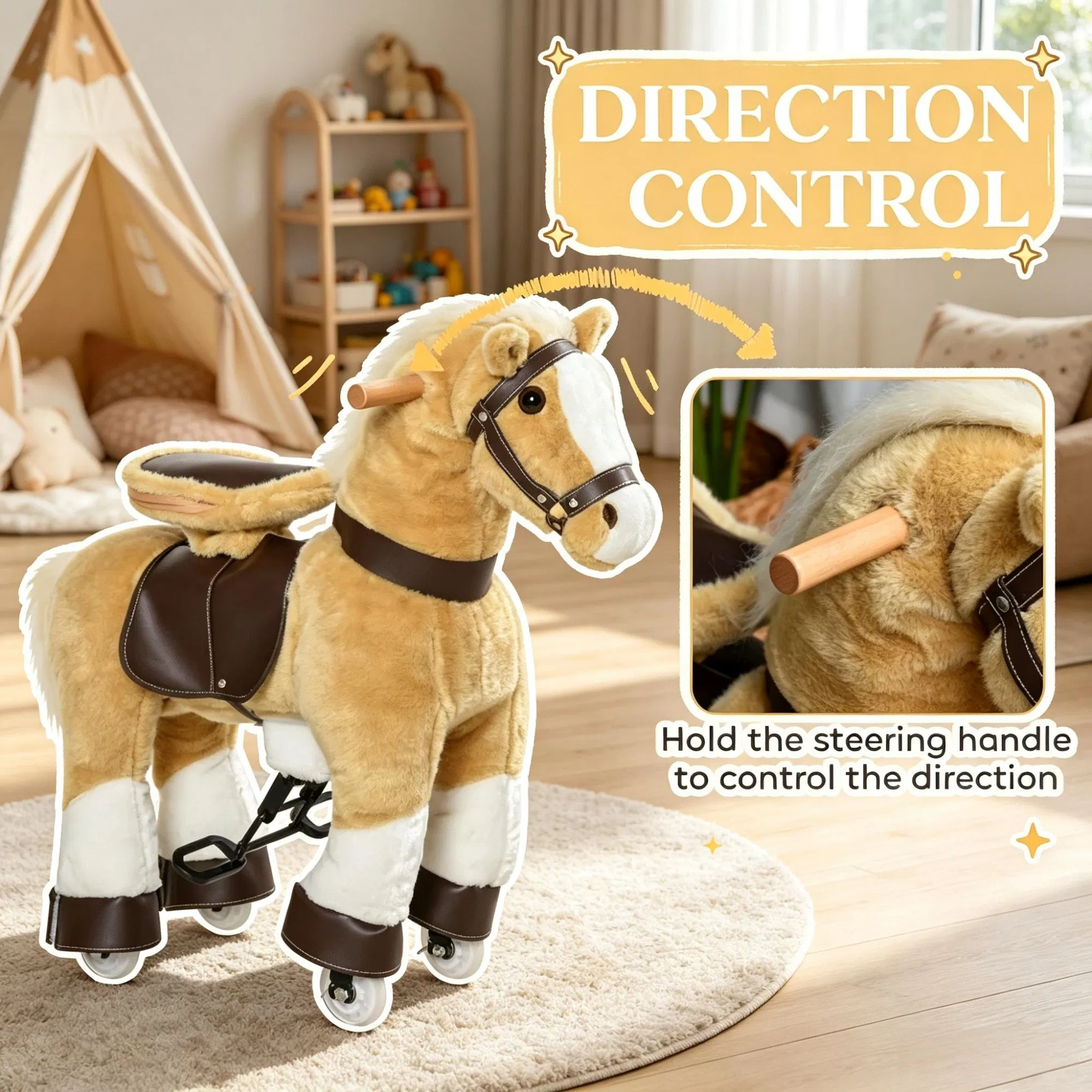 Light Brown Plush Walking Horse Ride-On Toy: Sturdy Wheeled Kids Riding Chair for 3-8 Years Old — imagen 7