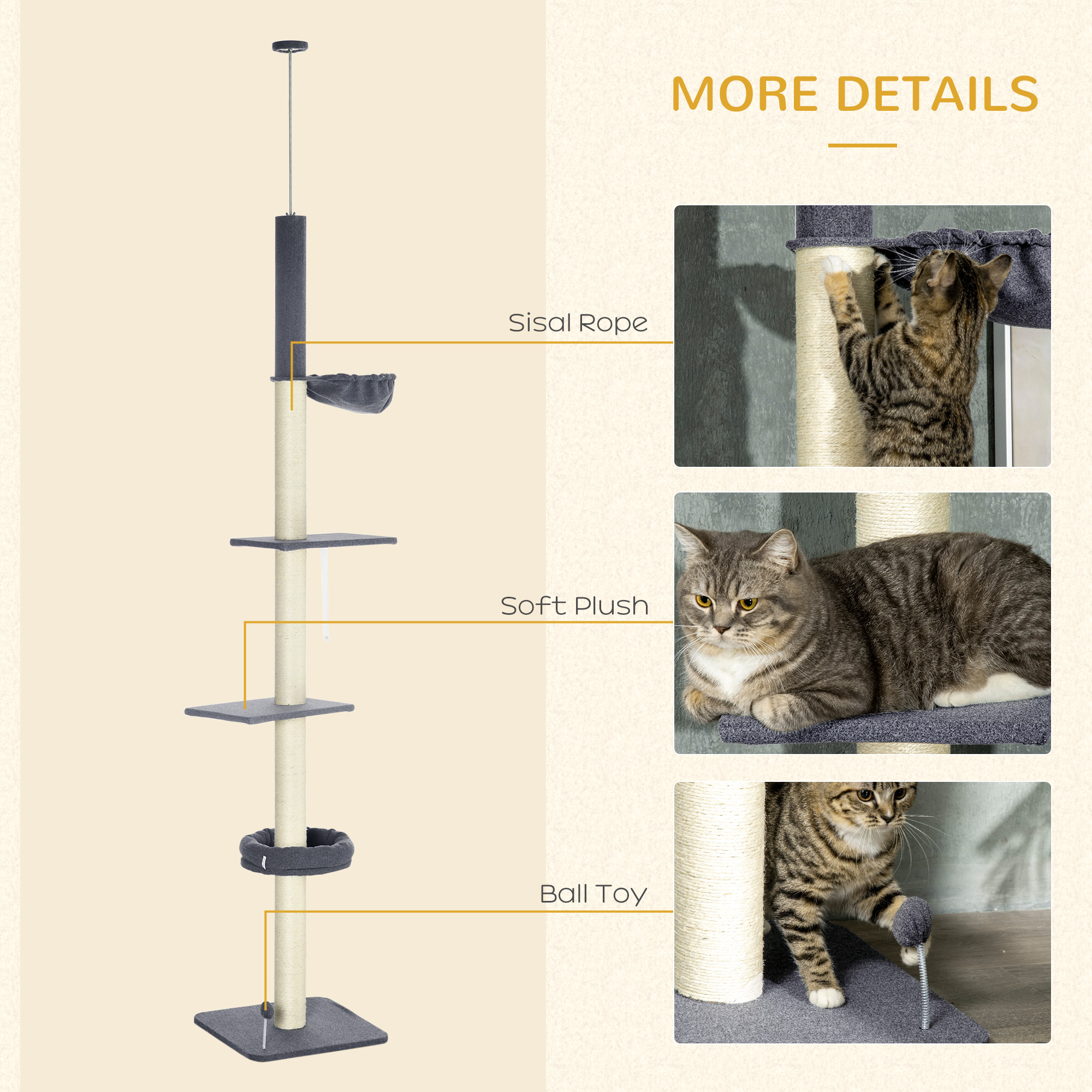 Floor To Ceiling Cat Tree, 5-Tier Cat Climbing Tower, 95-106 Height Adjustable with Carpeted Platforms, Cozy Bed, Hammock, Scratching Post & Toy Ball for Indoor Cats, Dark Gray and Cream — image 8
