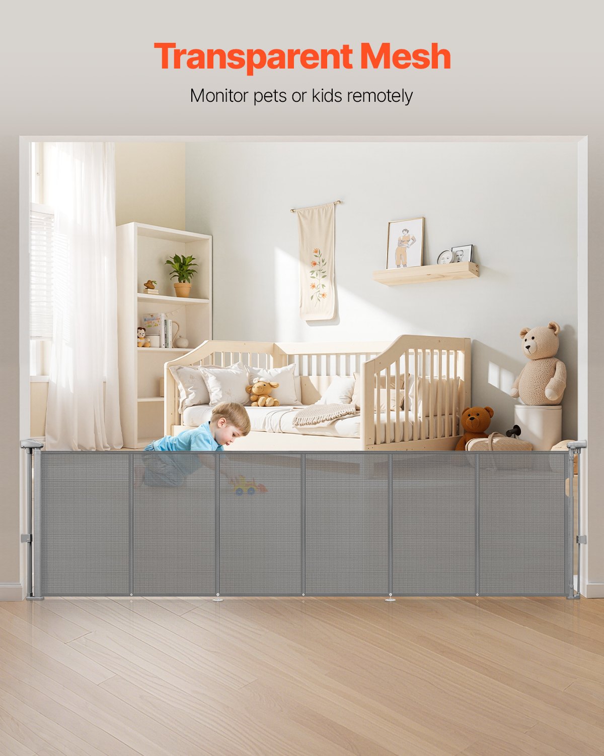 Puerta Retráctil para Niños o Mascotas, 34 Pulgadas de Alto, Se Extiende Hasta 110 Pulgadas de Ancho, Puerta Retráctil Fácil de Instalar para Escaleras, Pasillos, Habitaciones de Juego, Color Gris — imagen 3