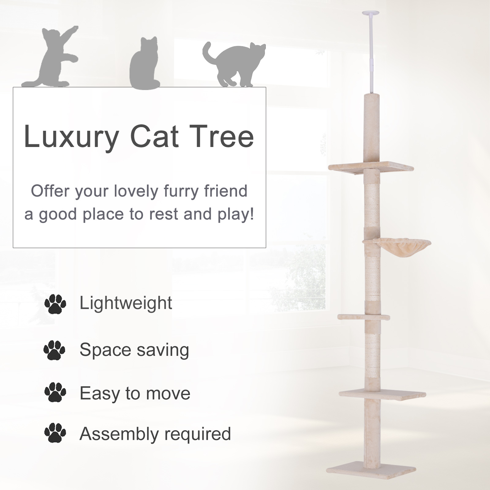 Árbol de Gatos Ajustable de Piso a Techo, 102" de Alto con 5 Niveles y Postes de Rasguñar en Beige — imagen 2