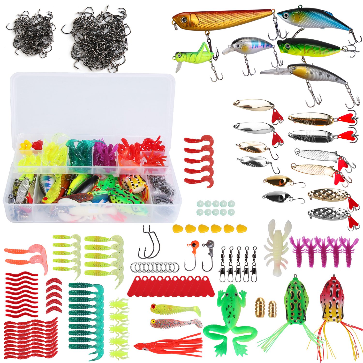 Set de 375 Piezas de Señuelos de Pesca y Caja de Aparejos, Kit de Señuelos para Agua Salada y Dulce, Poppers, Crankbaits, Grillos, Ranas y Señuelos Cuchara Realistas — imagen 9