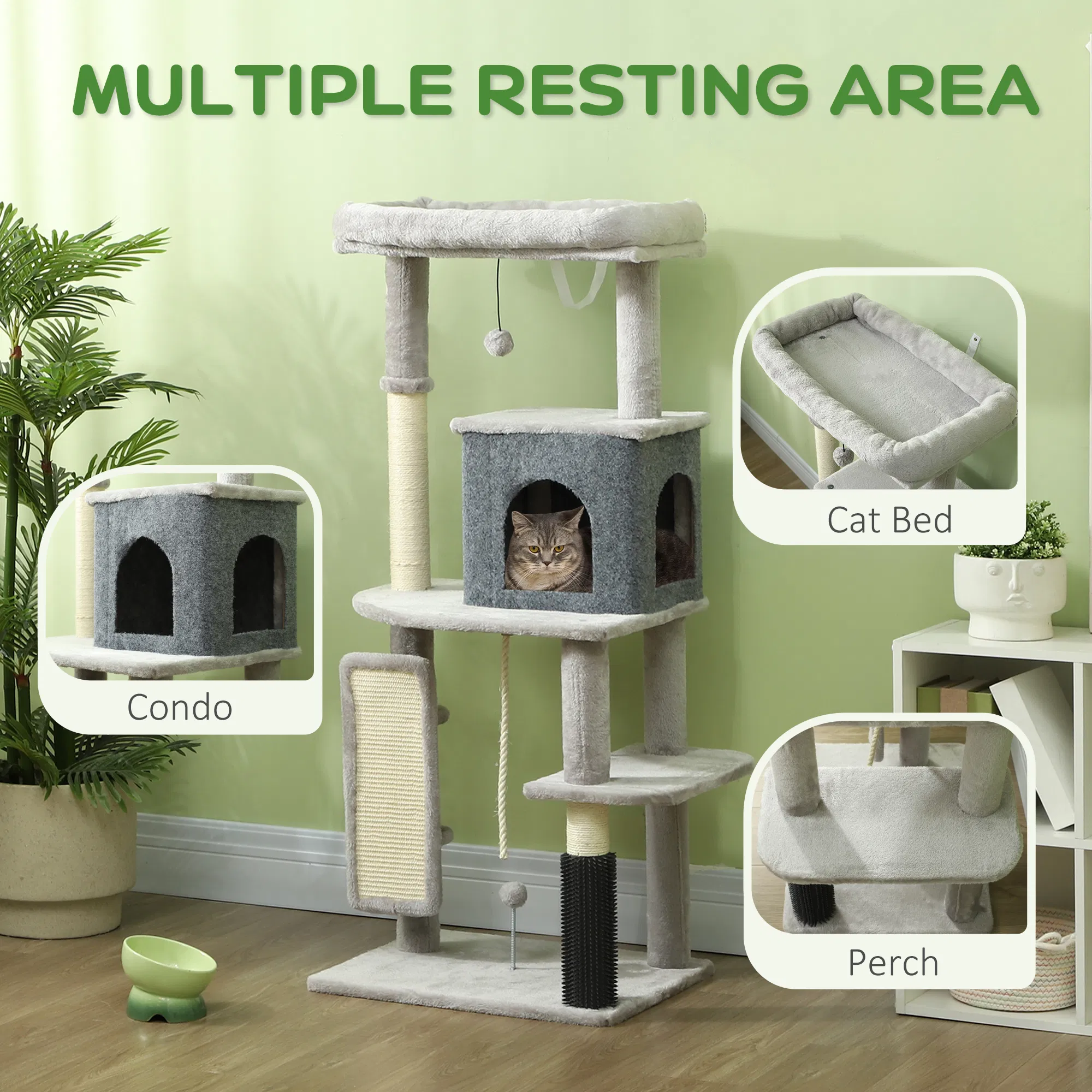 Cat Tree with Scratching Posts, Cat Bed, Condo, Grooming Brush, Jumping Platforms, Toy Balls, Anti-tip Kit — image 5