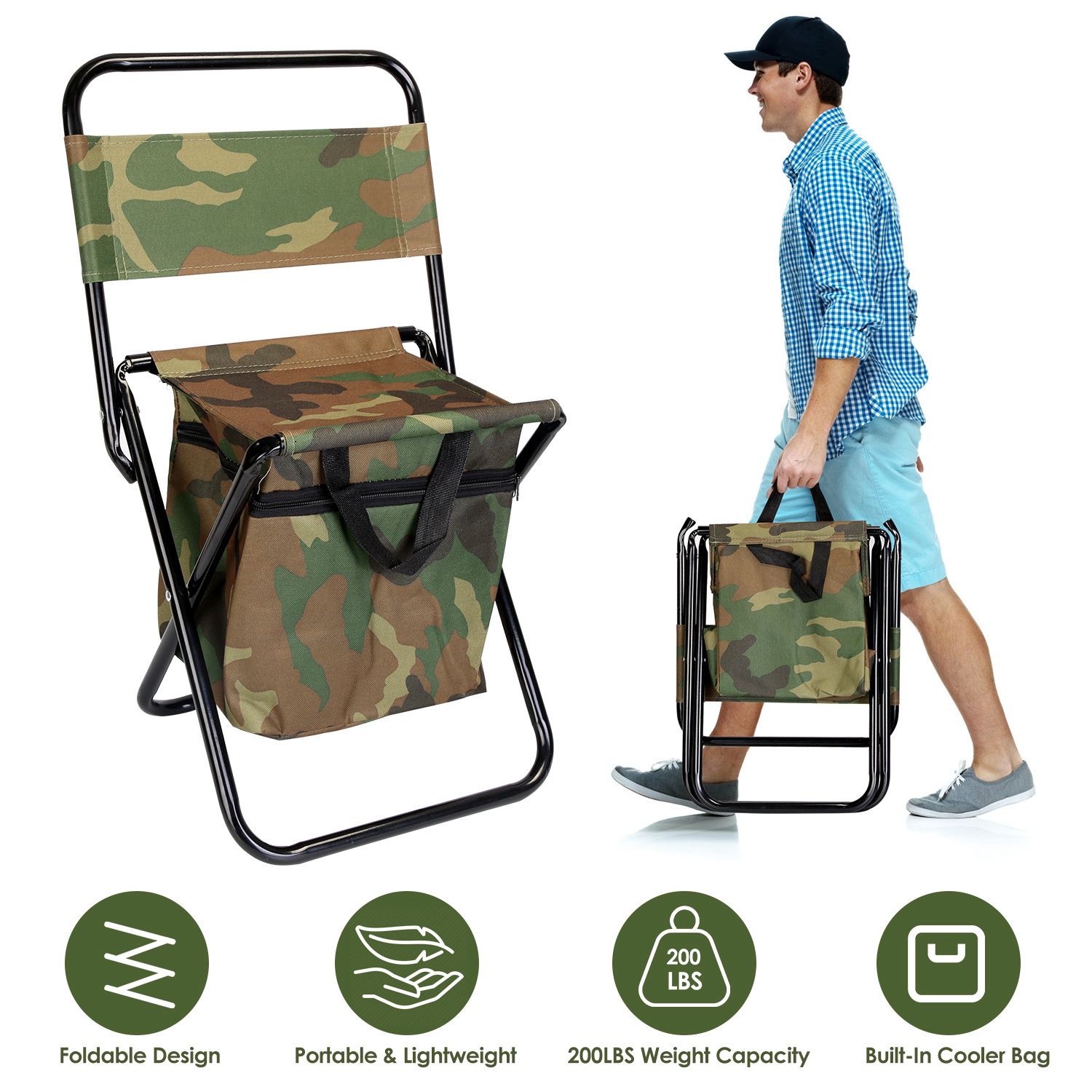 Silla de Pesca Plegable con Almohadón y Bolsa Portátil para Enfriamiento, Manija Ligera para Camping y Caza — imagen 1