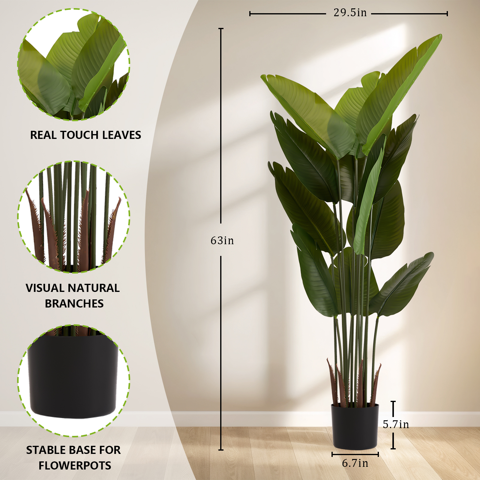 Artificial Bird of Paradise Plant, 5.2ft Tall Faux Tropical Palm Tree in Pot for Indoor or Outdoor Home, Office, or Garden Decoration, 2pcs/set — image 7