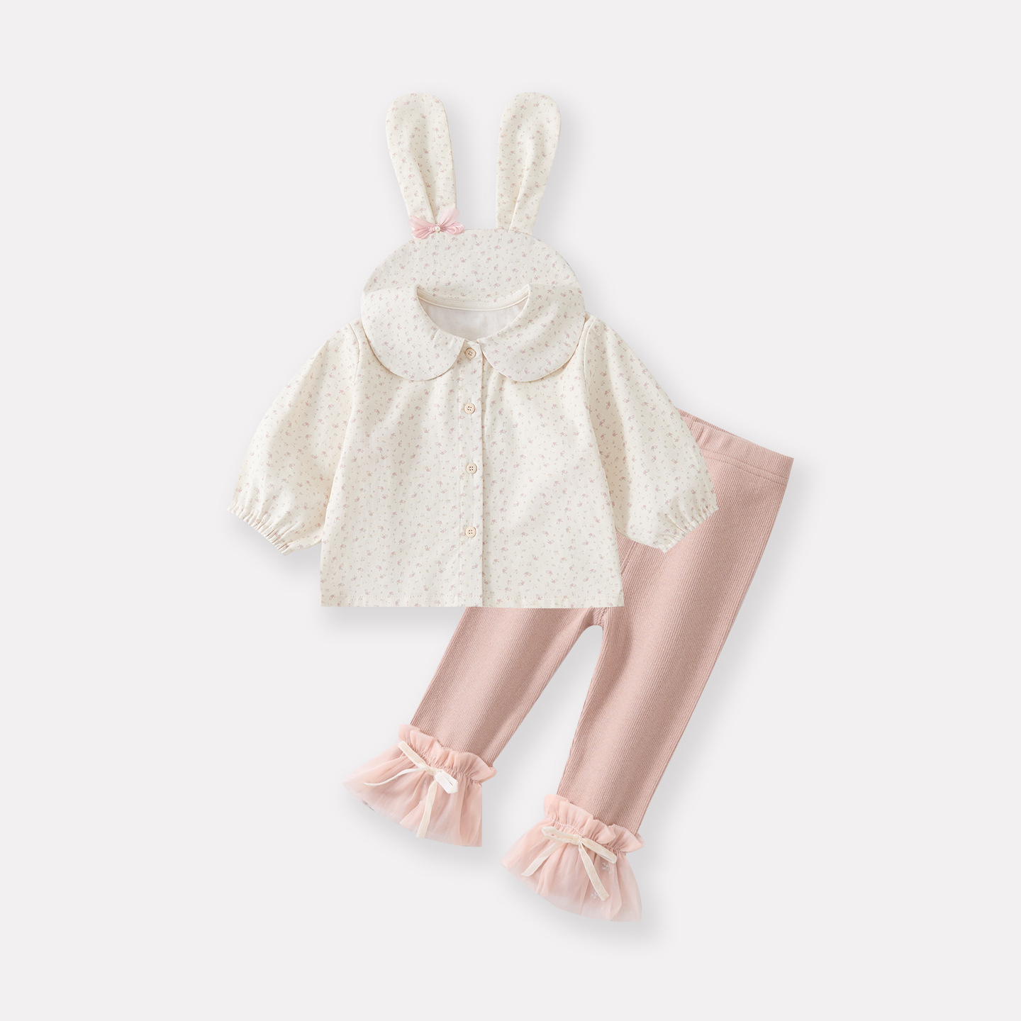 Baby Girl Sweet Floral Bunny Doll Shirt Set, Bow Top with Bottoms Two-Piece Outfit — image 4