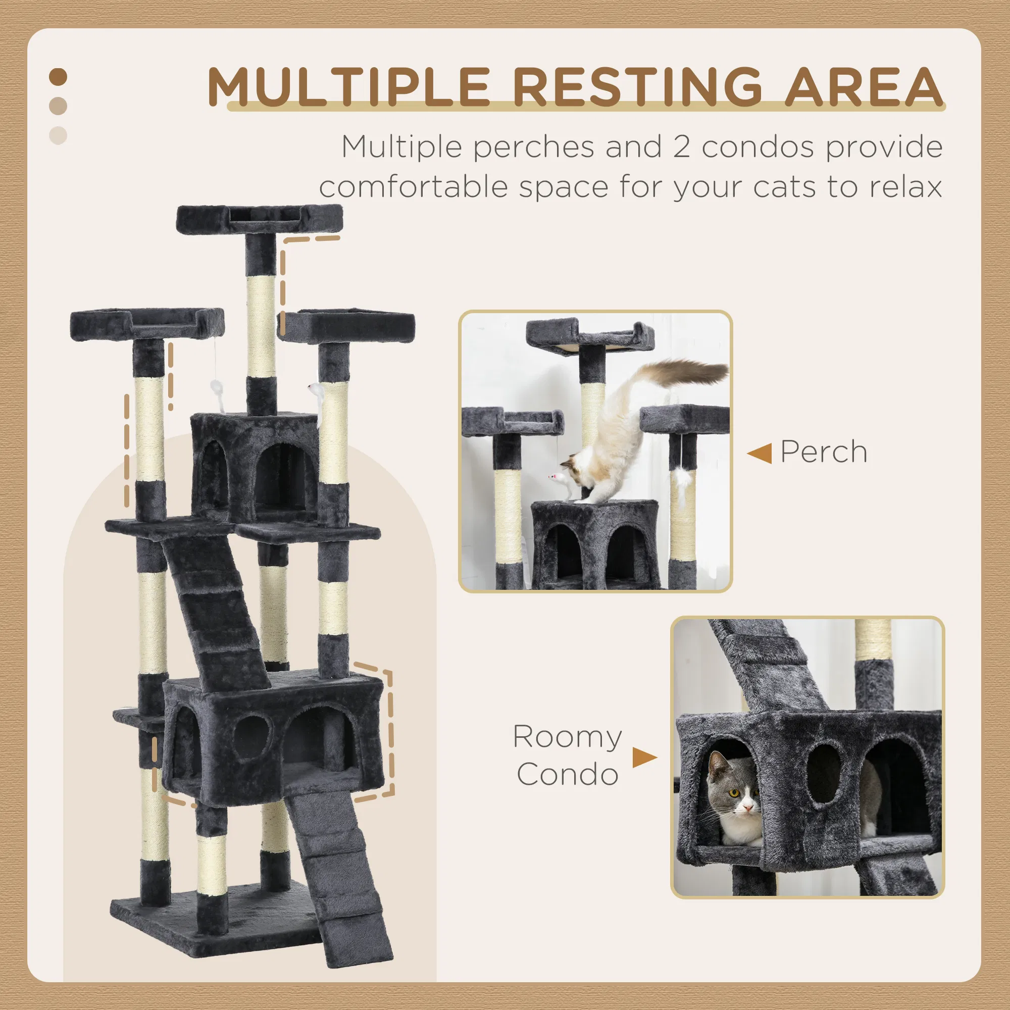 68-inch Multi-Level Cat Scratching Tree Kitty Activity Center Post Tower Condo Pet Furniture w/ Toy Charcoal Grey — image 6