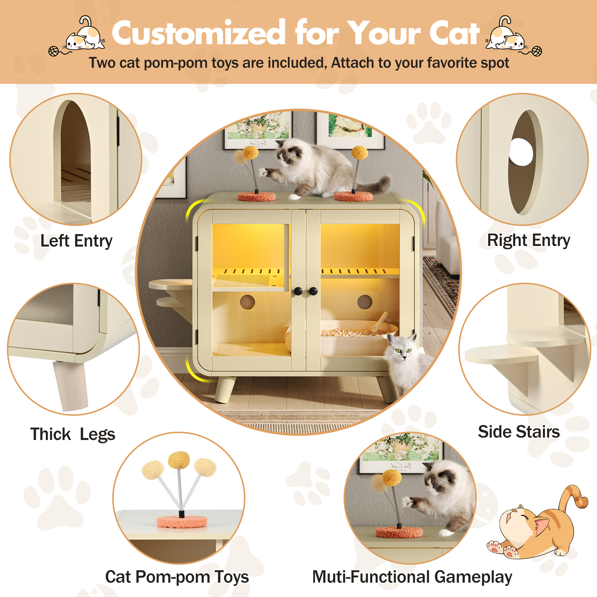 Cat Hidden Litter Box Enclosure With RGB LED Light, Cat House With Stairs And Cat Pom-pom Toys For Fun, Cat Washroom Cabinet With Litter Leak Walkway And Glass Doors For Better View, Beige — imagen 4