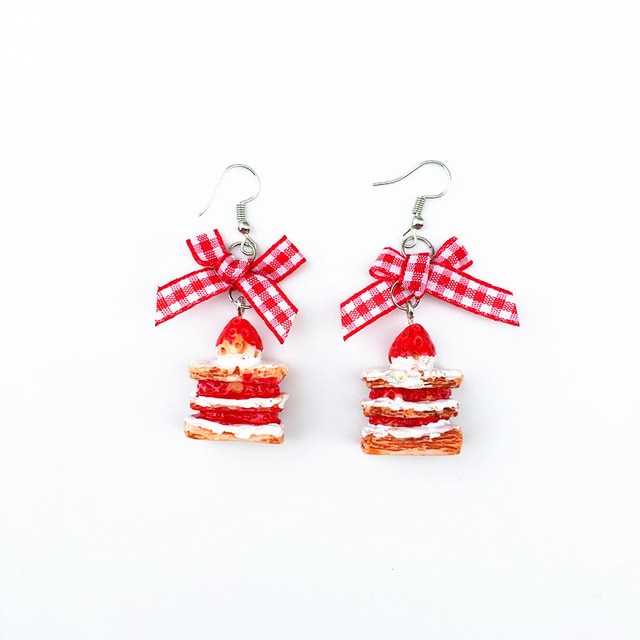Pulseras de Pendientes en Forma de Pastel de Fresa con Estampado de Cuadros Rojo y Blanco, Clásico, para Mujer — imagen 7
