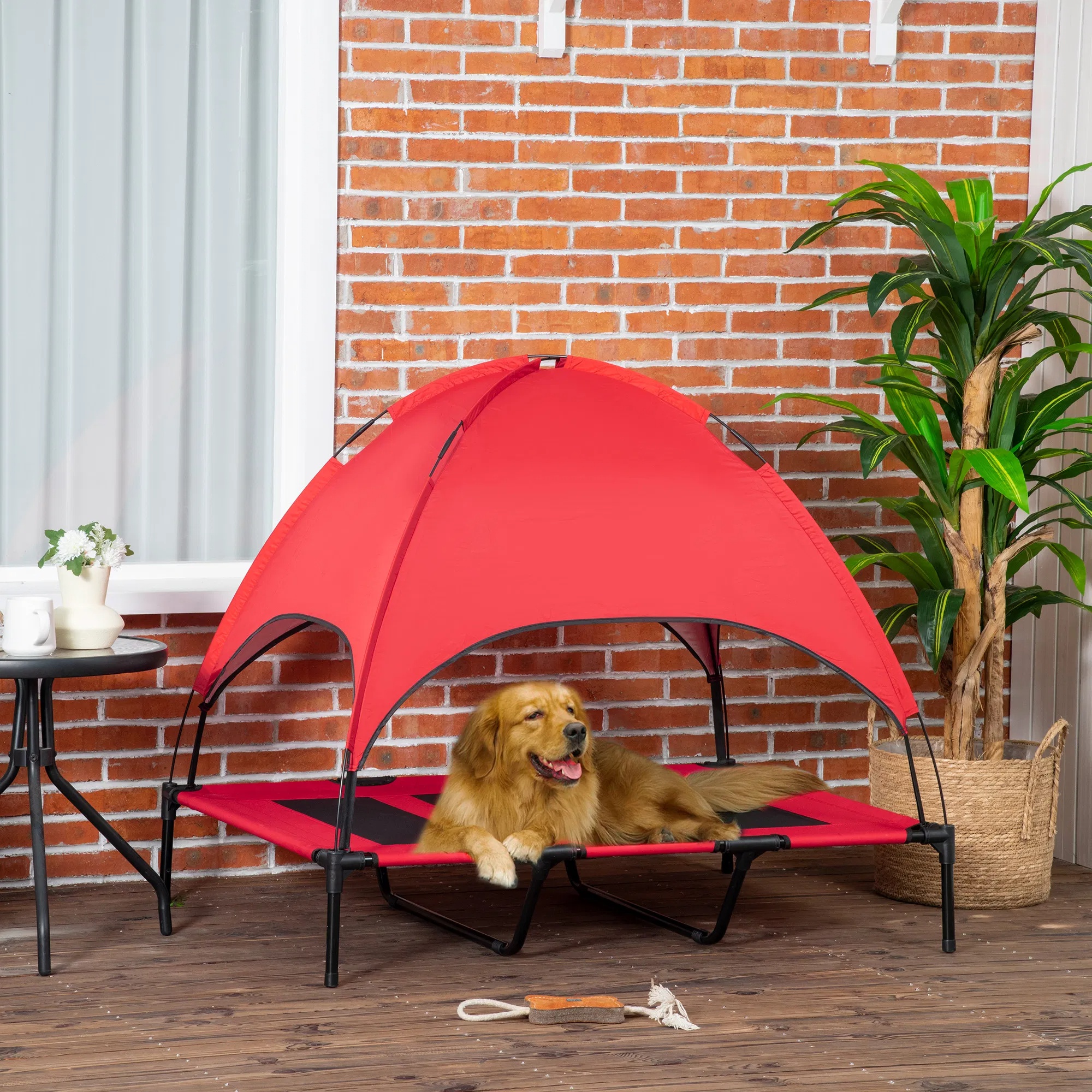 Cama Elevada para Perros de 48" x 36" con Sombrilla UV y Protección contra el Sol, Colchón Portátil para Canes Medianos y Grandes con Soporte de 110 lbs, Rojo — imagen 10