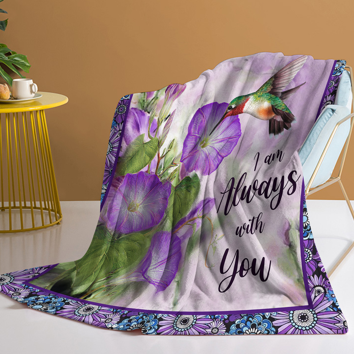Manta de Felpa con Flor de Mañana Púrpura y Hummingbird, Muy Cómoda y Caliente para Tumbones, Cama, Camping y Uso Versátil en Diferentes Escenarios — imagen 1