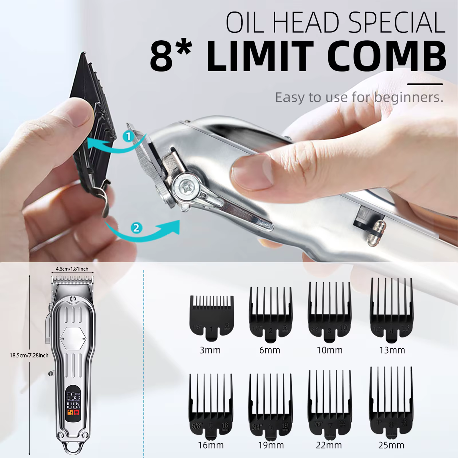 Upgrade Low Noise Dog Clippers for Thick Hair: Rechargeable Metal Blade, 8 Combs, Grooming Kit for Curly Hair (Silvery) — image 6