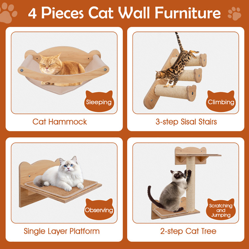 Conjunto de Mobiliario para Gatos en la Pared con Hamaca - 4 Piezas, Árbol de 2 Niveles y Percha — imagen 3