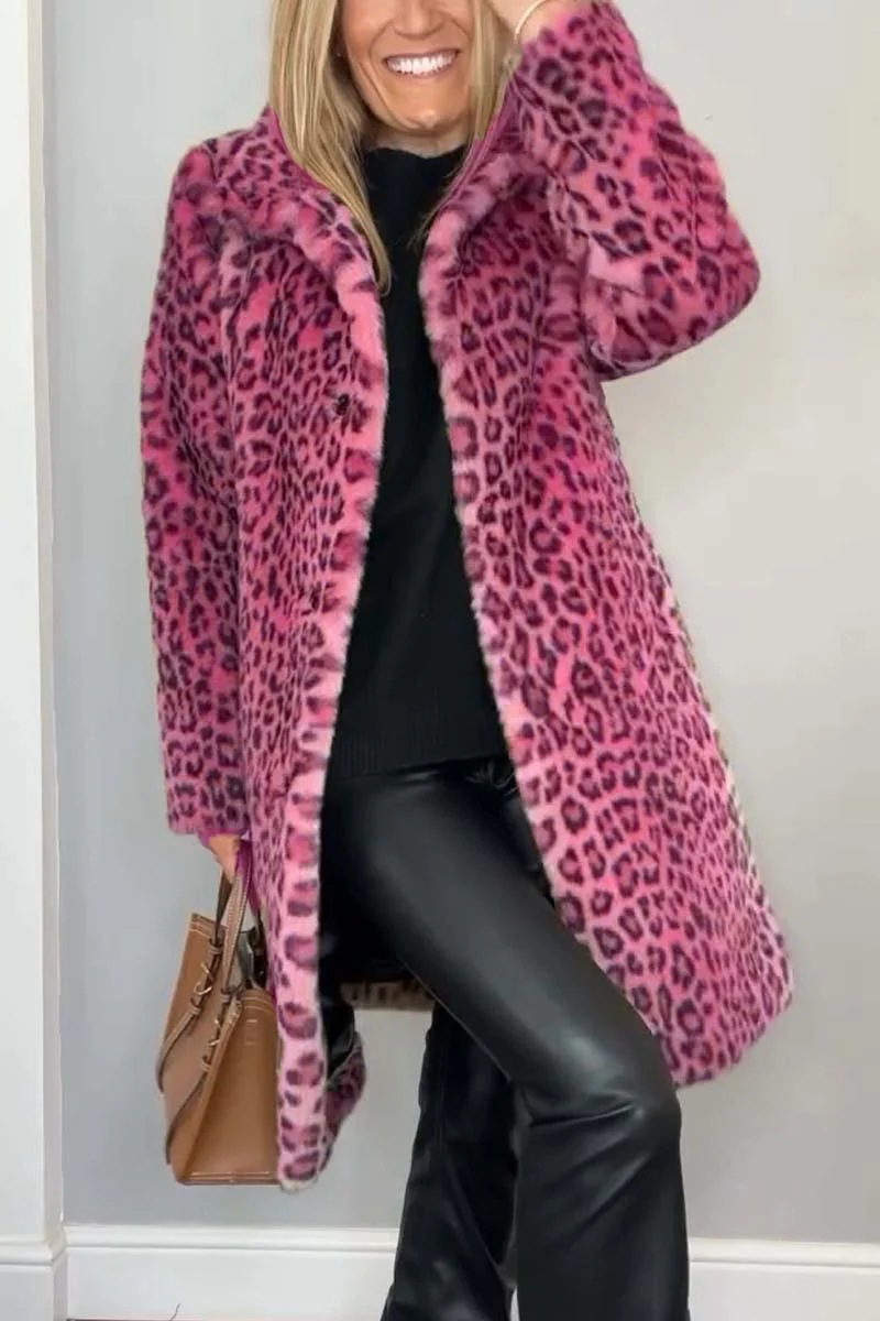 Abr Verano Capa de Piel Plush con Estampado de Leopardo de Longitud Media — imagen 2