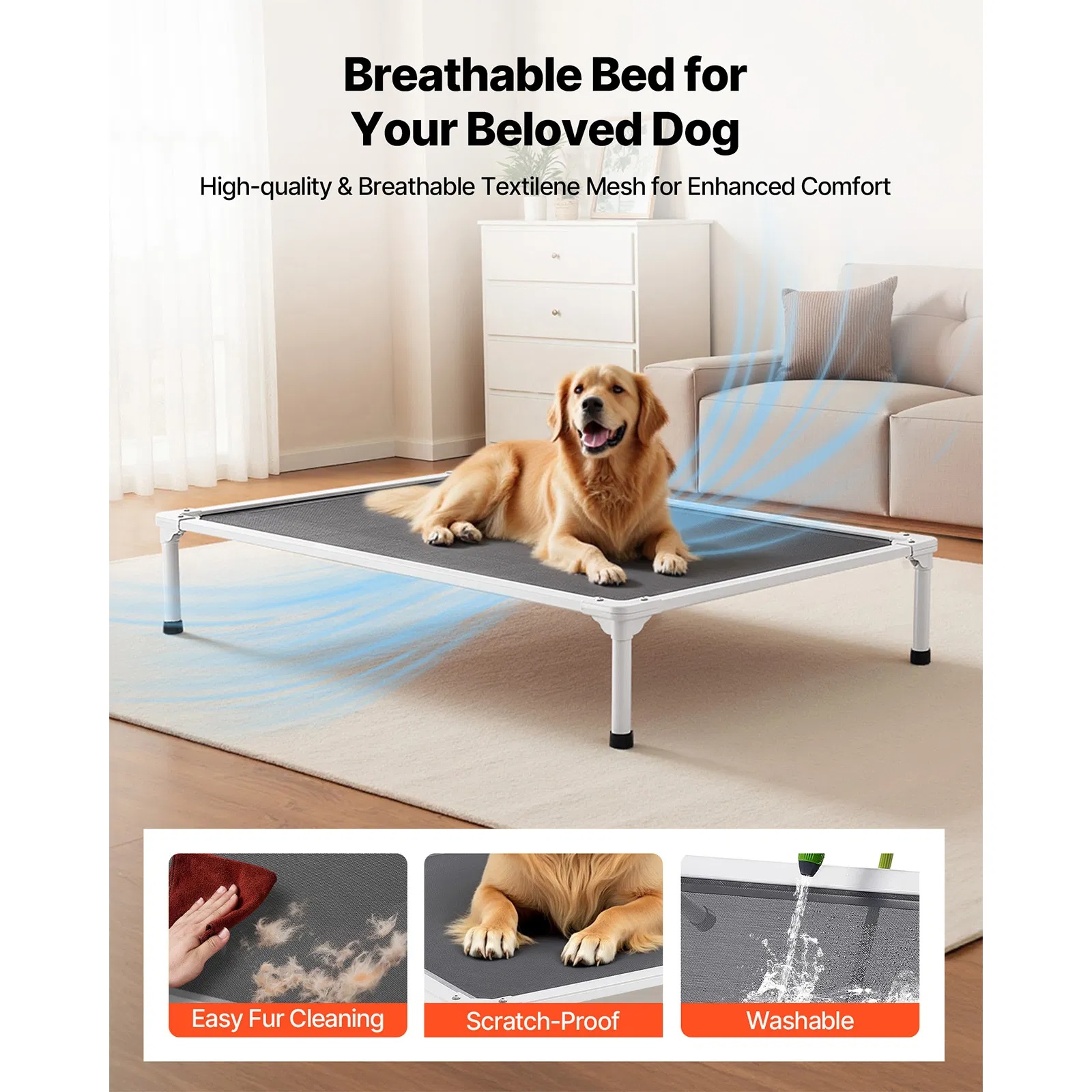 Cama para Perros Elevada XL para Grandes Caninos, Cama para Perros con Estructura de Aluminio, Malla Textilena Transpirable y Almohadilla Lavable, Cama para Perros con Refugio para el Calor, Portátil y Resistente al Limpieza en Gris — imagen 2